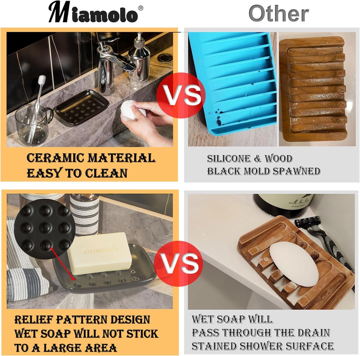 Soap Dish, Ceramic Soap Holder Shower Soap Dish for Bar Soap Sponge, Soap Saver Tray for Bathroom Kitchen Sink, Black