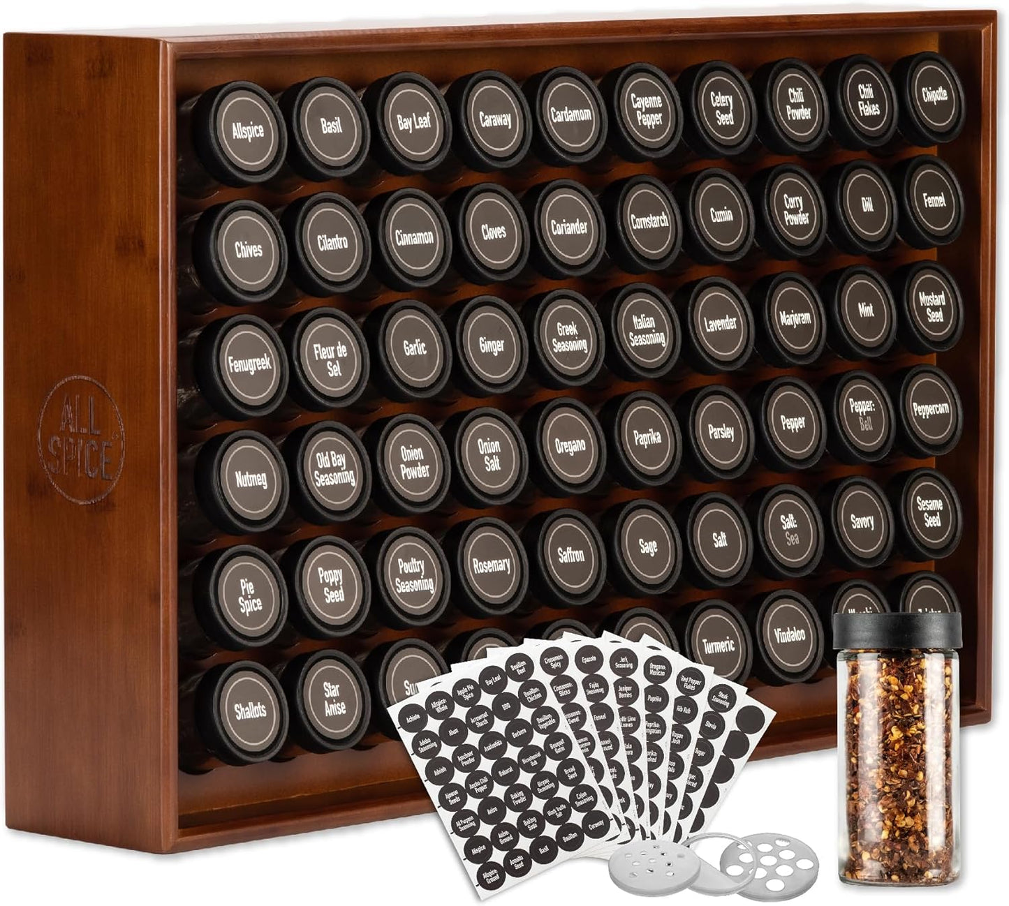 AllSpice Spice Rack Organizer, Wood, 525 Unique Labels, Countertop or Wall Mount, Includes 60 4oz Jars- Walnut Stain