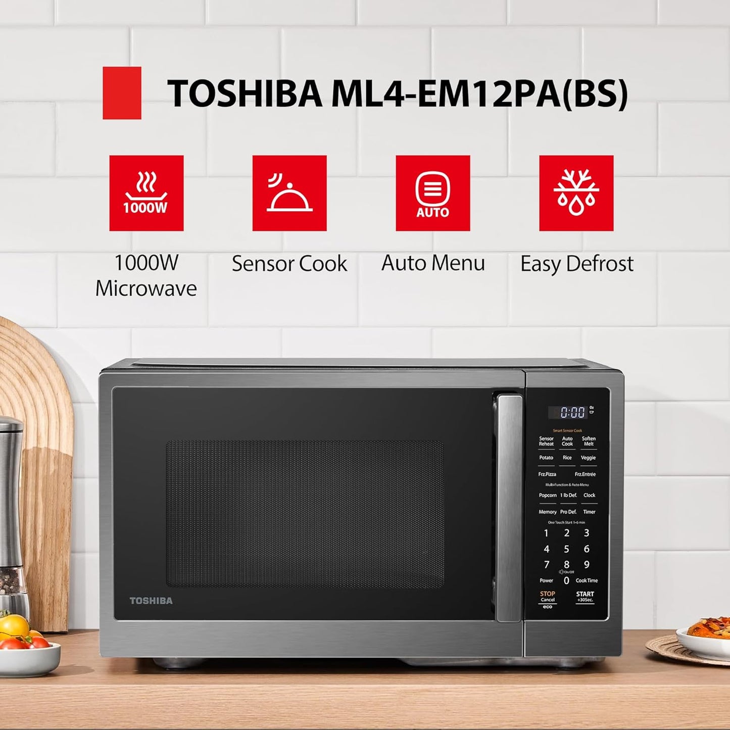 TOSHIBA ML4-EM12PA(BS) Countertop Microwave Oven with Stylish Design As Kitchen Essentials, Smart Sensor, 13 Auto Menus&Mute Function, 1.2 Cu Ft with 12.4" Turntable, 1000W, Black Stainless Steel