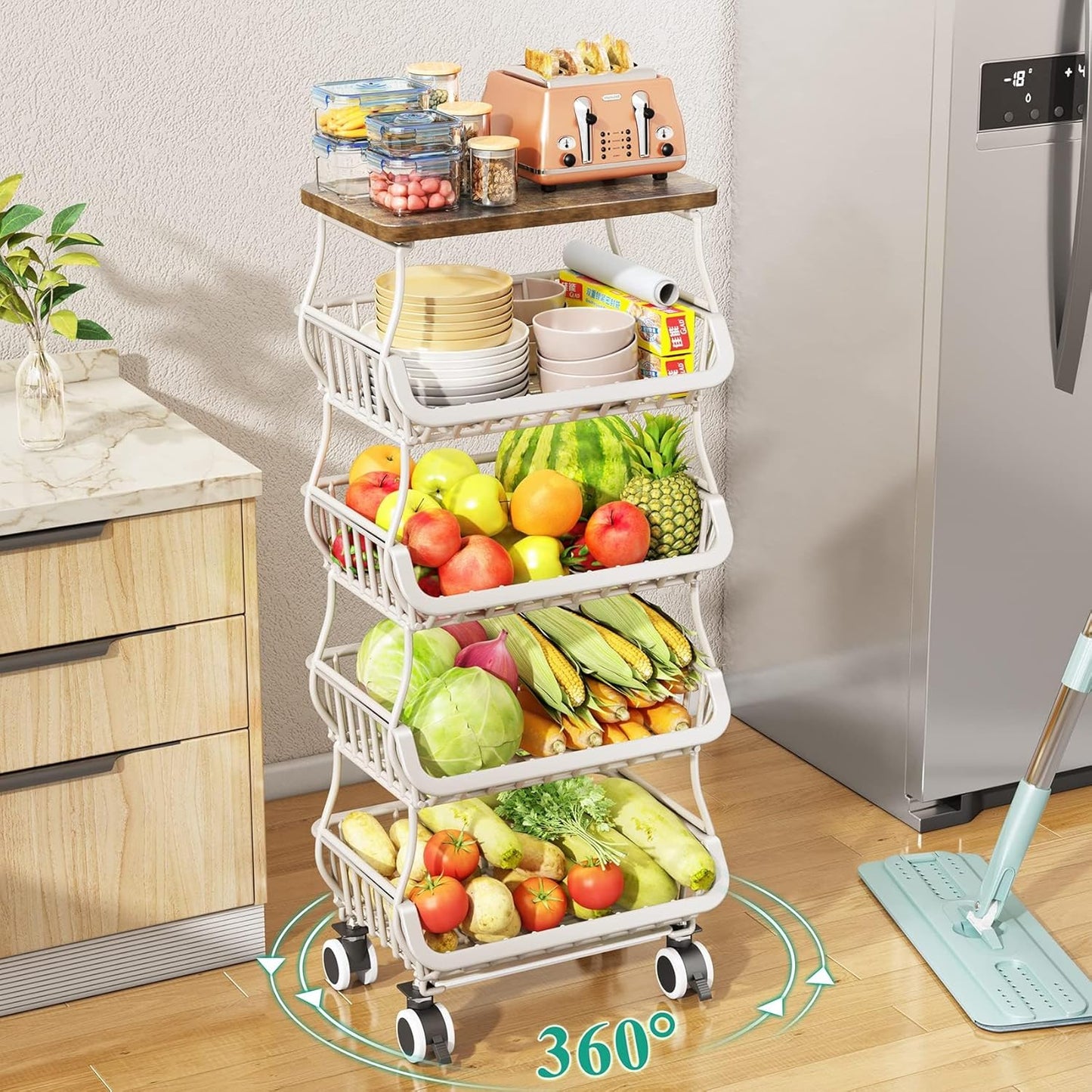 SAYZH Fruit Basket for Kitchen with Wood Top 5 Tier, Stackable Fruit and Vegetable Storage Cart, Wire Storage Basket with Wheels, Vegetable Basket Bins Rack for Onions and Potatoes, White