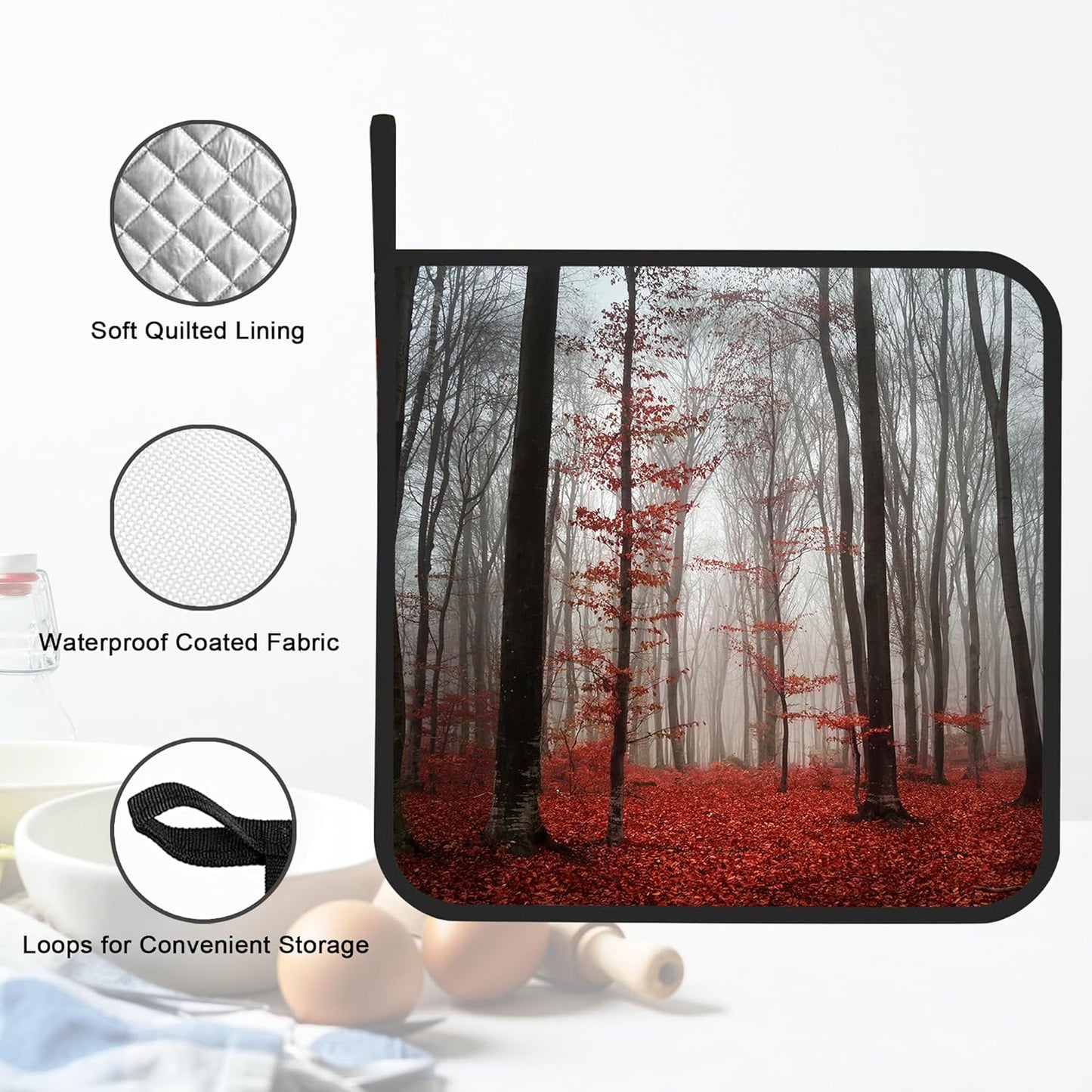 Pot Holder Set of 2,Misty Forest Red Kitchen Heat Resistant Potholder for BBQ Cooking Baking,Food Hot Pat for Women Men Kitchen Wear