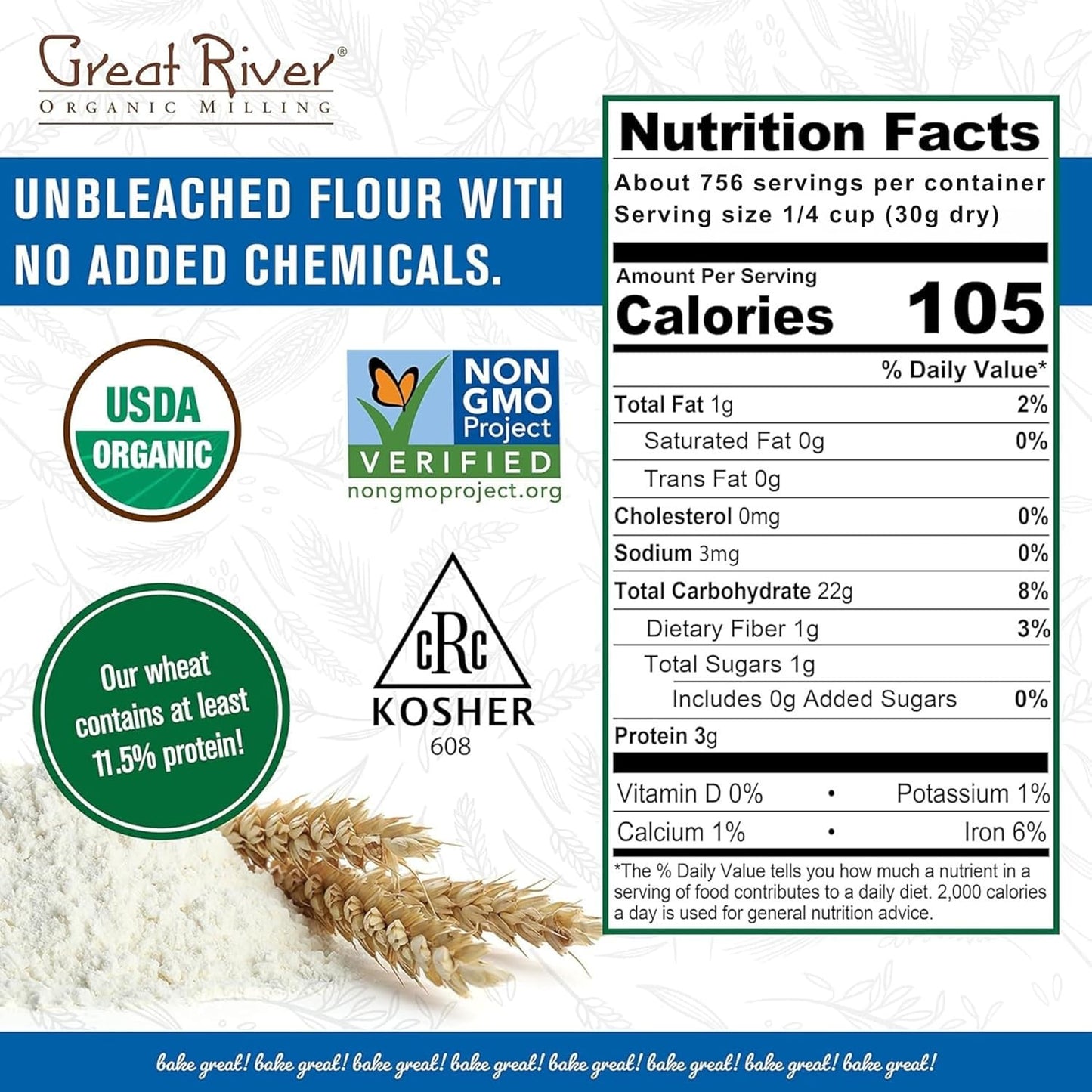 Great River Organic Milling Lily White Organic All-Purpose Flour | Unbleached & Unbromated | Non-GMO, Kosher | Ideal for Bread, Cookies, Cakes, Pizza Dough & Everyday Baking | 50 Lb