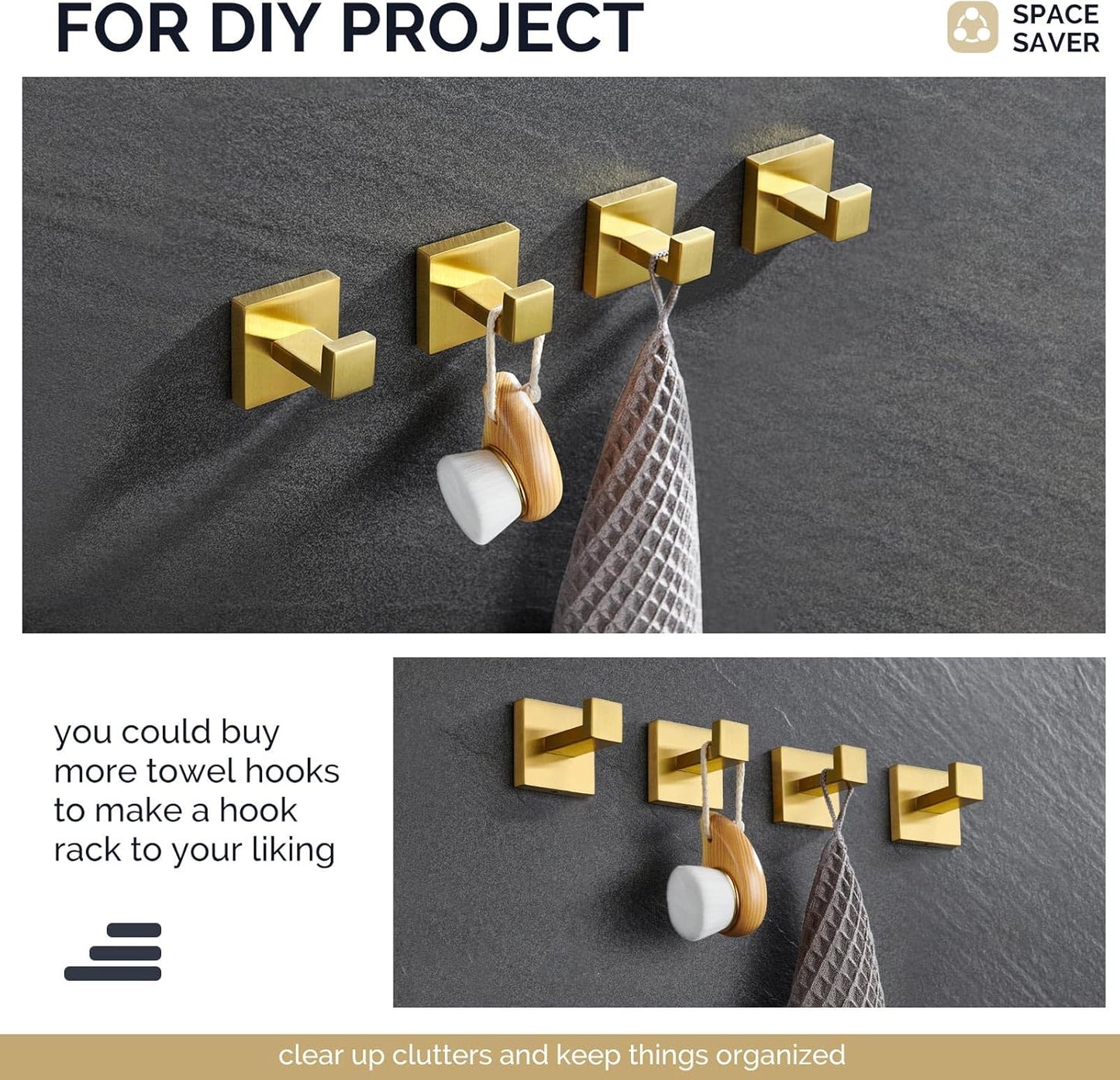 Angle Simple Towel Hook Brushed Gold 2 Pack, 304 Stainless Steel Square Robe Hook for Bathroom