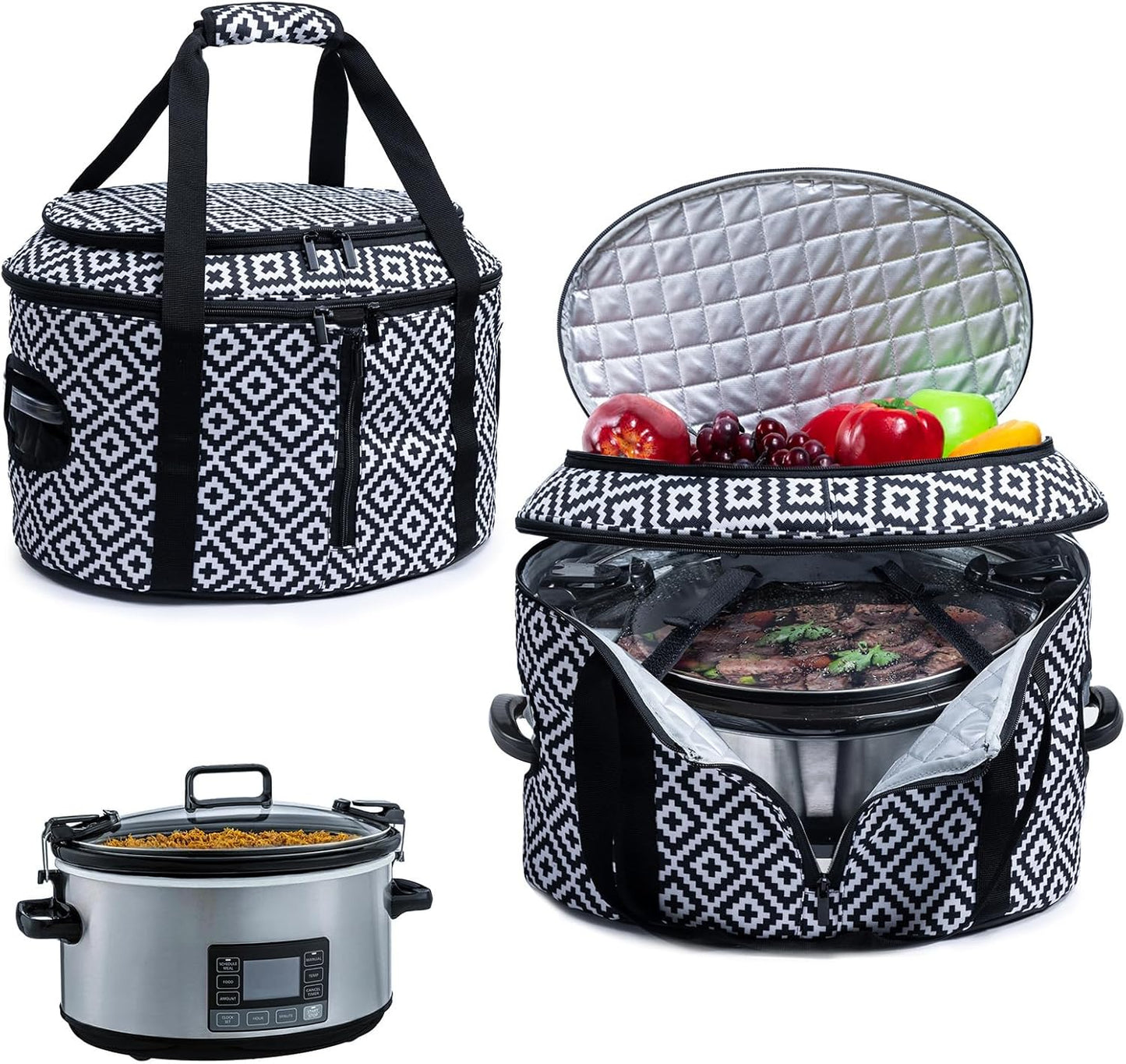 BAGSPRITE Double-layer Slow Cooker Carrying Case Compatible with 6-8 Quart Crockpot Carrier for Hot Food and Hamlton Beach Slow Cooker Tote with Lid Fastener for Crock-pot Dust Cover Applicances