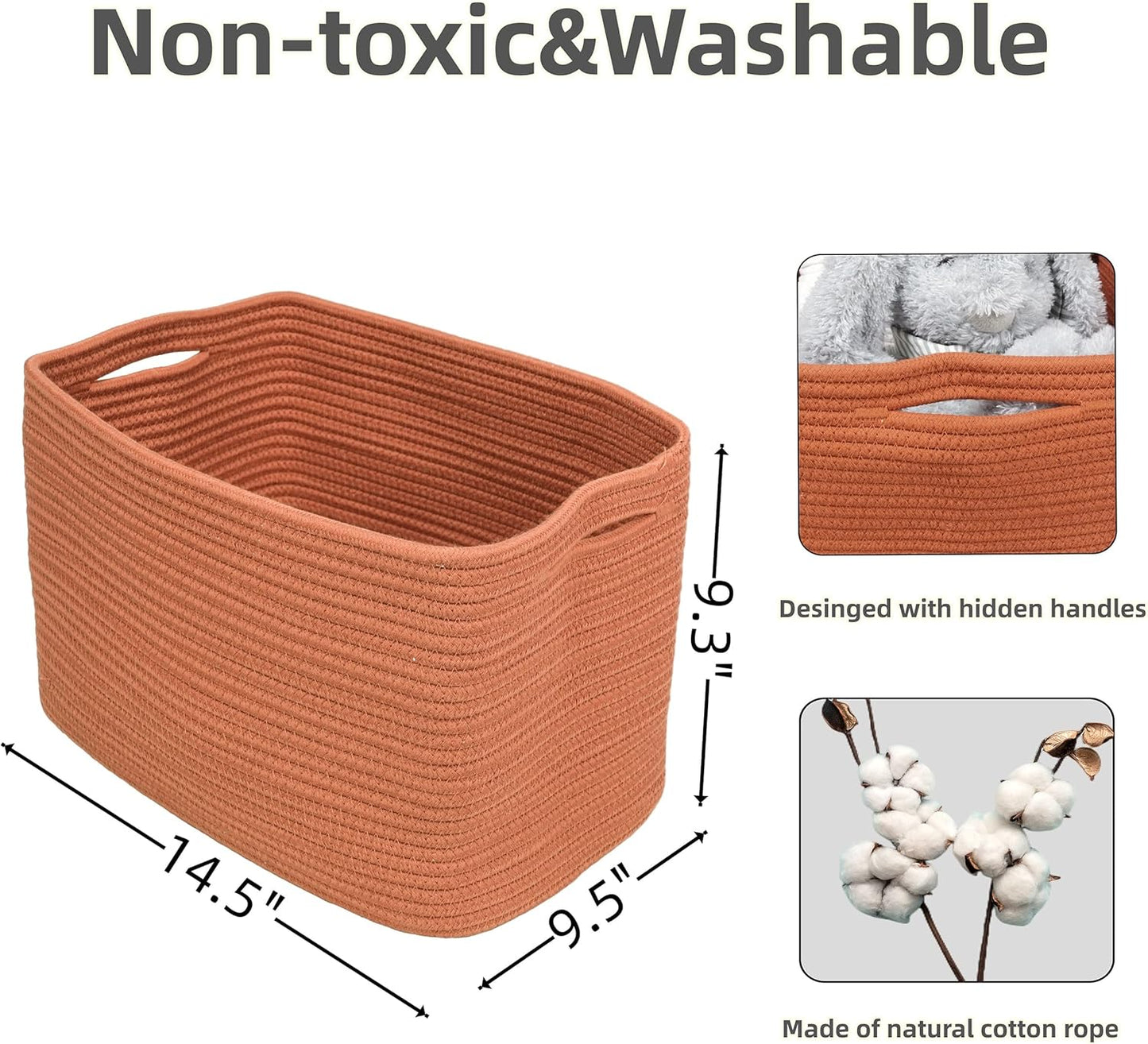 Cotton Rope storage Basket Bins Woven Basket for Organizing Shelves Rectangle Decorative Baskets For storage Clothes Toys Books Towels Square Wicker Nursery basket organizer 3 pack Rust