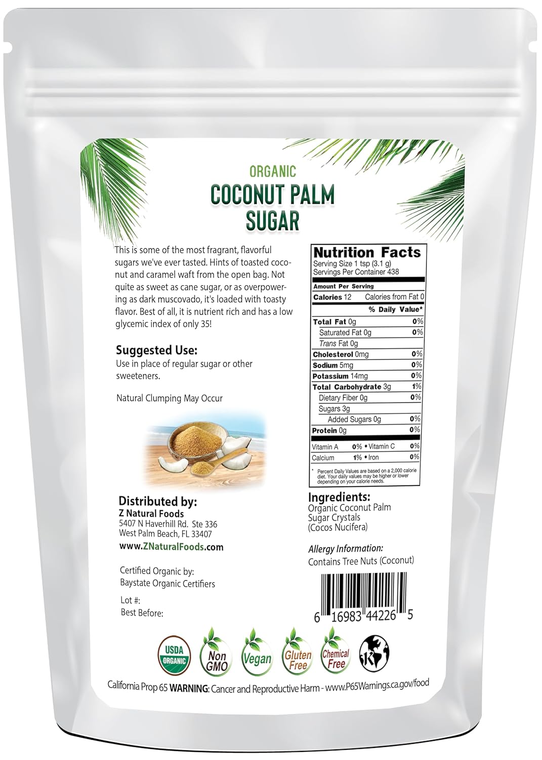 Z Natural Foods Organic Coconut Sugar - Nutrient-Dense, Flavorful & Unrefined Brown Coconut Sugar - Perfect for Tea, Coffee, Oatmeal, Deserts & Baking, Non-GMO, Vegan, Gluten-Free, 3 lbs
