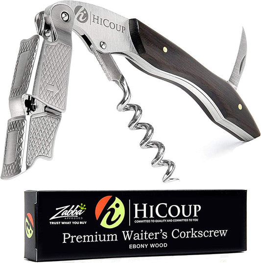 Hicoup Wine Opener - Professional Corkscrews for Wine Bottles w/Foil Cutter and Cap Remover - Manual Wine Key for Servers, Waiters, Bartenders and Home Use - Stainless Steel w/Ying Yang Resin Inlay