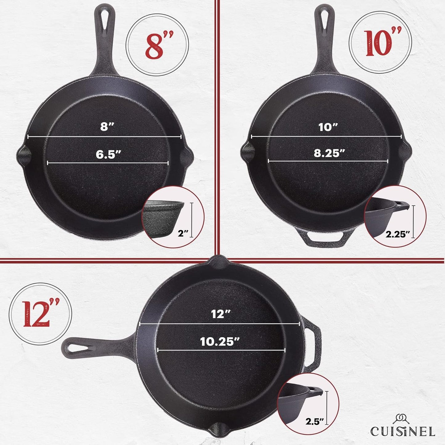 Cuisinel Cast Iron Skillets Set with Lids - 8"+10"+12"-inch Pre-Seasoned Covered Frying Pan Set + Silicone Handle and Lid Holders + Scraper/Cleaner - Use Cookware Indoor/Outdoor, Oven, Stovetop, Fire