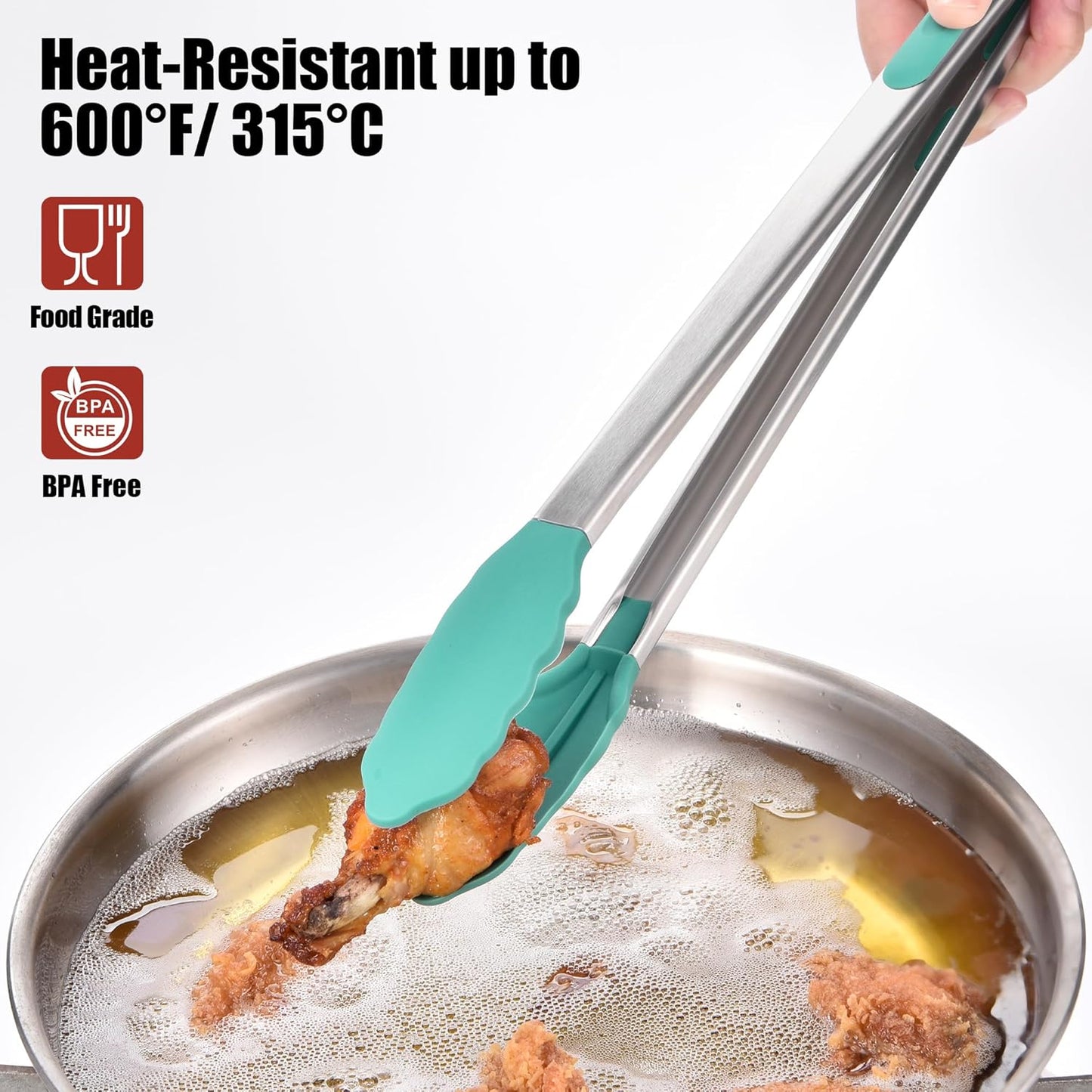 Doosu Kitchen Tongs for Cooking - 600°F Heat Resistant Food Tong with Non-Scratch Silicone Tips, Heavy Duty Stainless Steel Locking Tong for BBQ, Grilling Steak, Serving Salad, Pasta (16in, Aqua Sky)