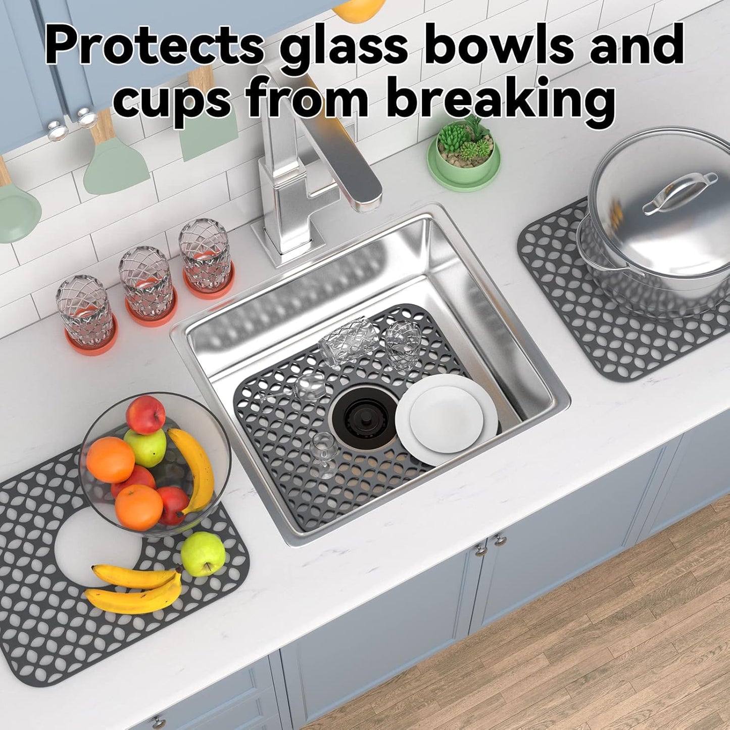 Kitchen Sink Mats, TOOVEM 2PCS Non-Slip Heat Resistant Silicone Sink Protector Mat for Bottom of Stainless Steel Porcelain Sink, Folding Farmhouse Rear Drain Sink Mats, Center Drain