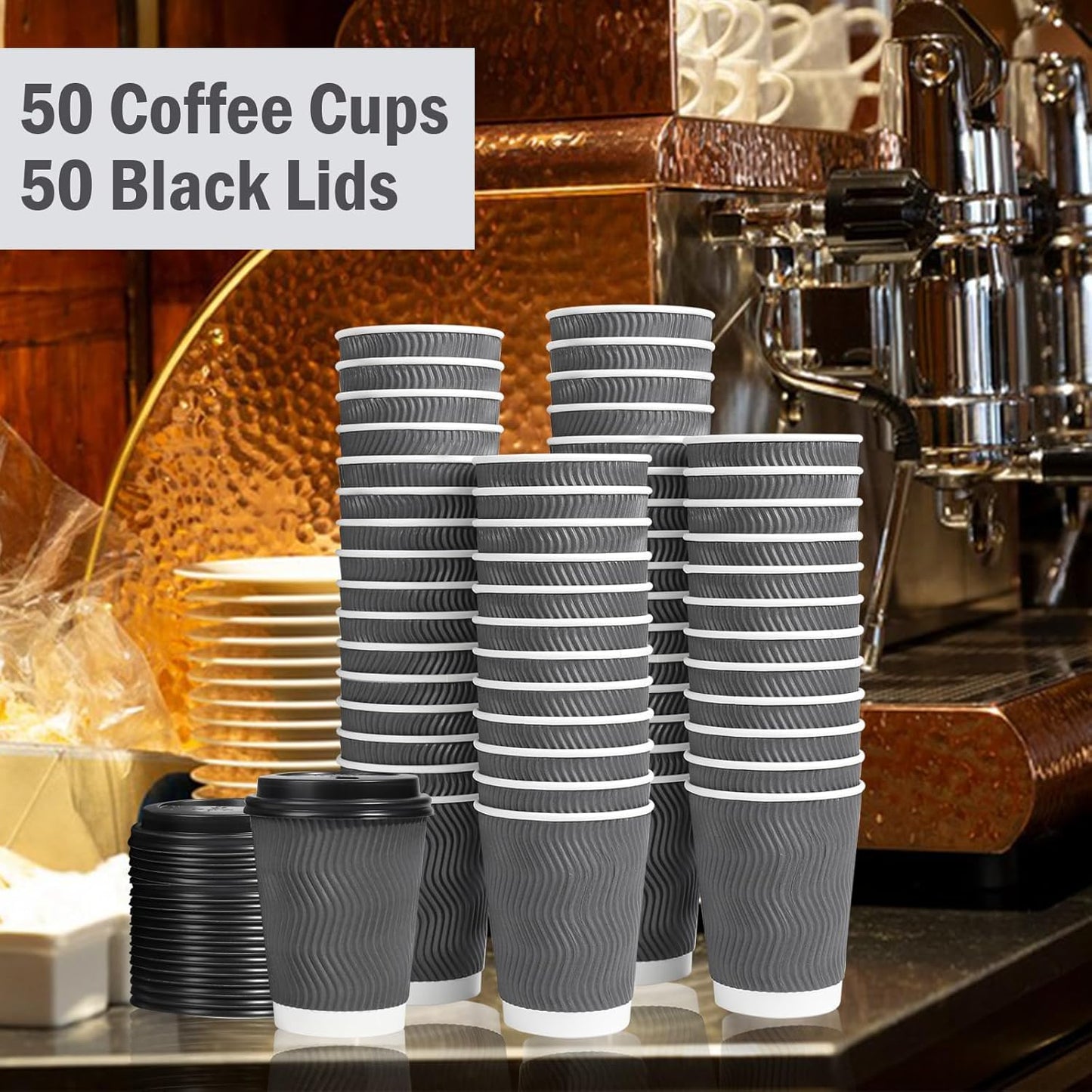 Lamosi 50 Pack - 16 oz Insulated Disposable Coffee Cups with Lids, To Go Paper Coffee Cups with Lids, Corrugated Ripple Wall Cup for Hot Drink, Office, Coffee Bar