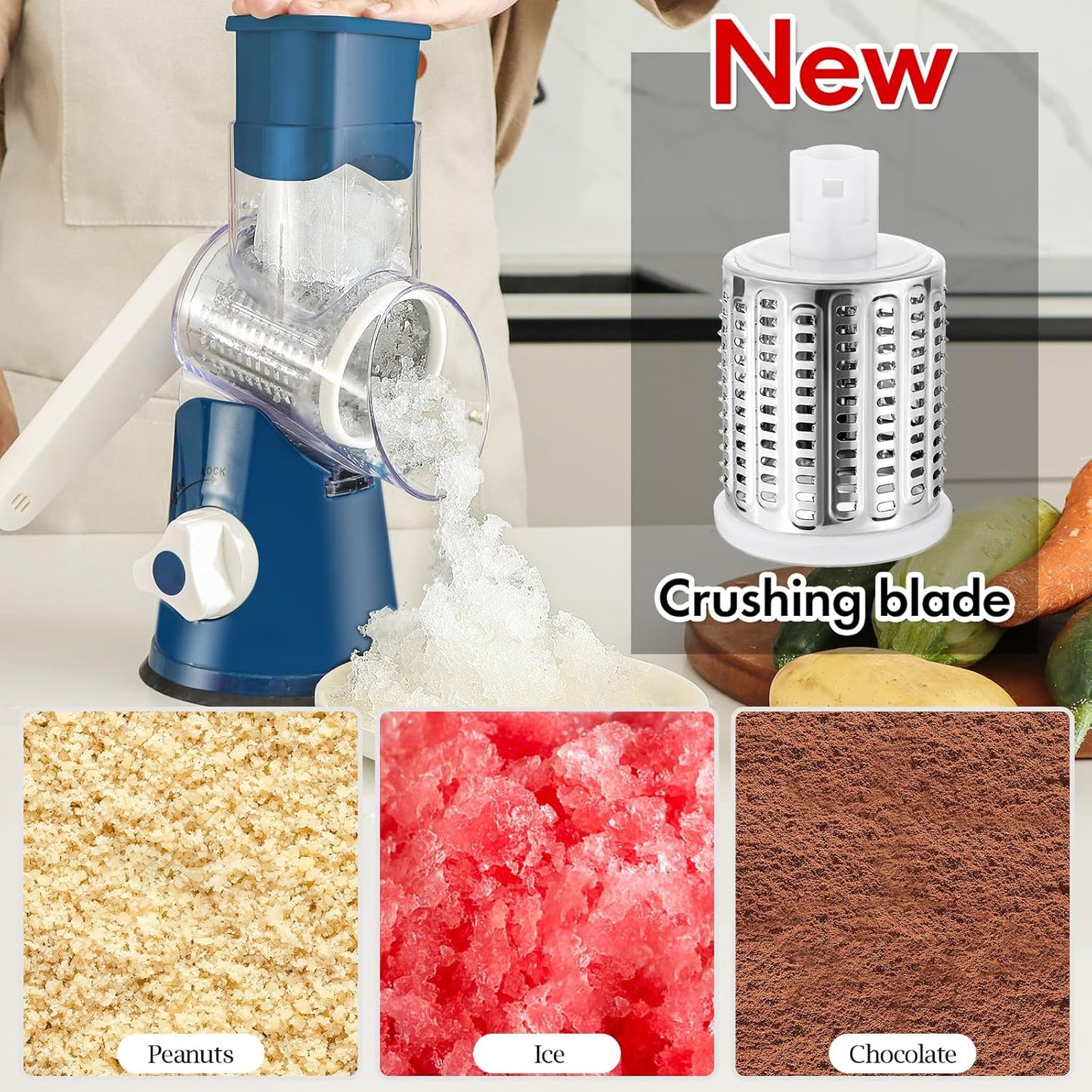 Ourokhome Rotary Cheese Grater Hand Crank, Kitchen Shredder Speed Mandolin Slicer Ice Shaver with Handle and Drum Blades for Cheese, Vegetable, Nuts, Chocolate, Potato, Carrot, 5 Blades, Dark Blue