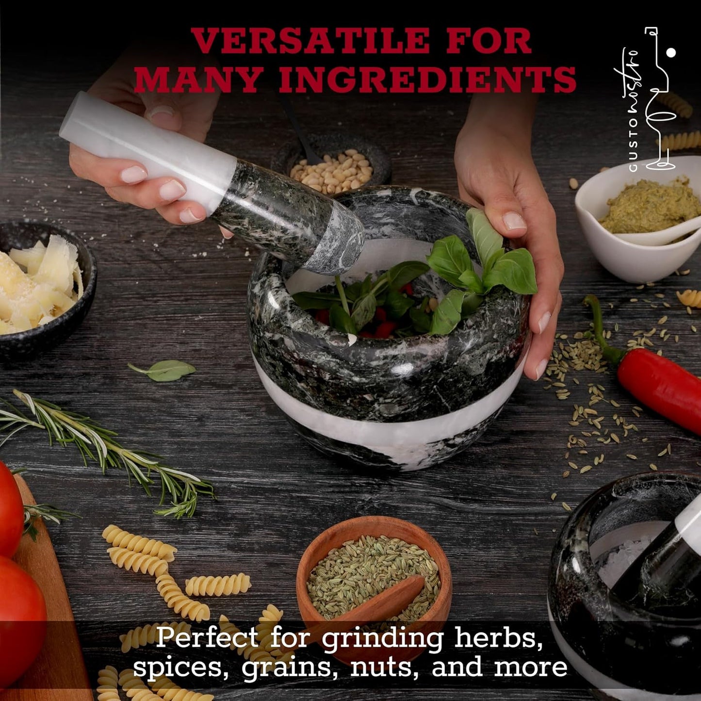 Gusto Nostro Natural Marble Mortar and Pestle Set | 6 Inch - 3.5 Cup Extra Large Mortar Pestle Set for Grinding Herbs, Nuts, Grains | Pesto Grinding and Guacamole Stone Bowl | Marble Spice Crusher