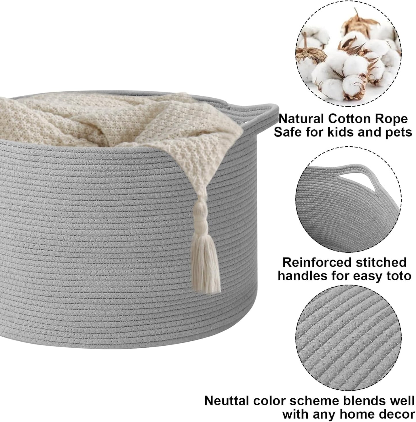 Large Blanket Basket for Organizing,65L Closet Organizers and Storage Bins Box for Shelves Woven Rope Storage Baskets,Living Room,Bedroom,Dorm,Laundry room (Light Grey)