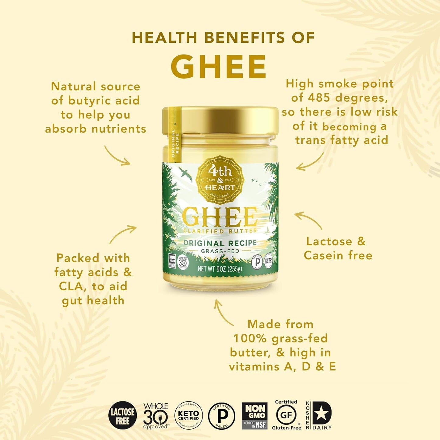 4th & Heart Original Grass-Fed Ghee, Clarified Butter, Keto, Pasture Raised, Lactose and Casein Free, Certified Paleo (9 Ounces)