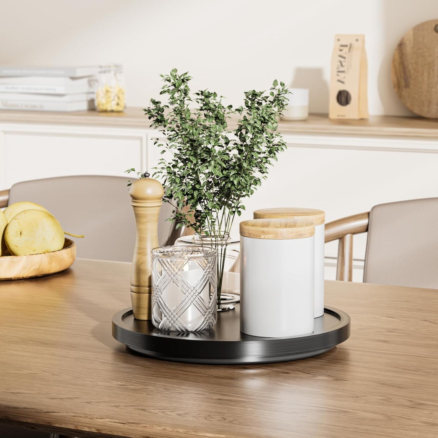 LAMU 12' Wood Lazy Susan Organizer Turntable for Cabinet, Lazy Susan for Table Top, Pantry, Kitchen, Bathroom, Countertop, Rotating Spice Organizer, Vanity Decor Tray, Pine Wood, Black