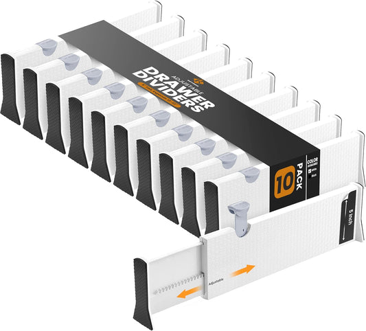 RAPTUROUS Adjustable Deep Drawer Divider – 5" Tall, Expandable 13-22", 10-Pack, Non-Slip Drawer Dividers for Clothes, Dresser, Kitchen & Office Organization (White)