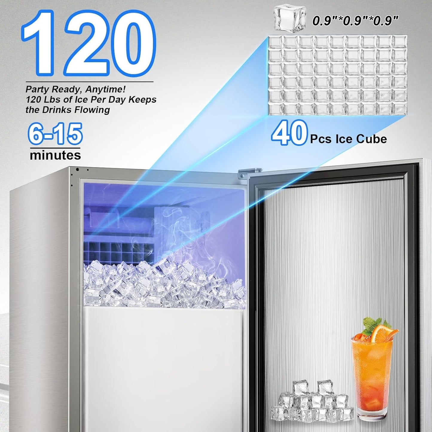 120LB/Day Commercial Under Counter Ice Maker with Smart LCD & Customizable Ice – Under Counter Freestanding, Built 25LBS Ice Storage 6-Min Quick Cycle, Energy Efficient