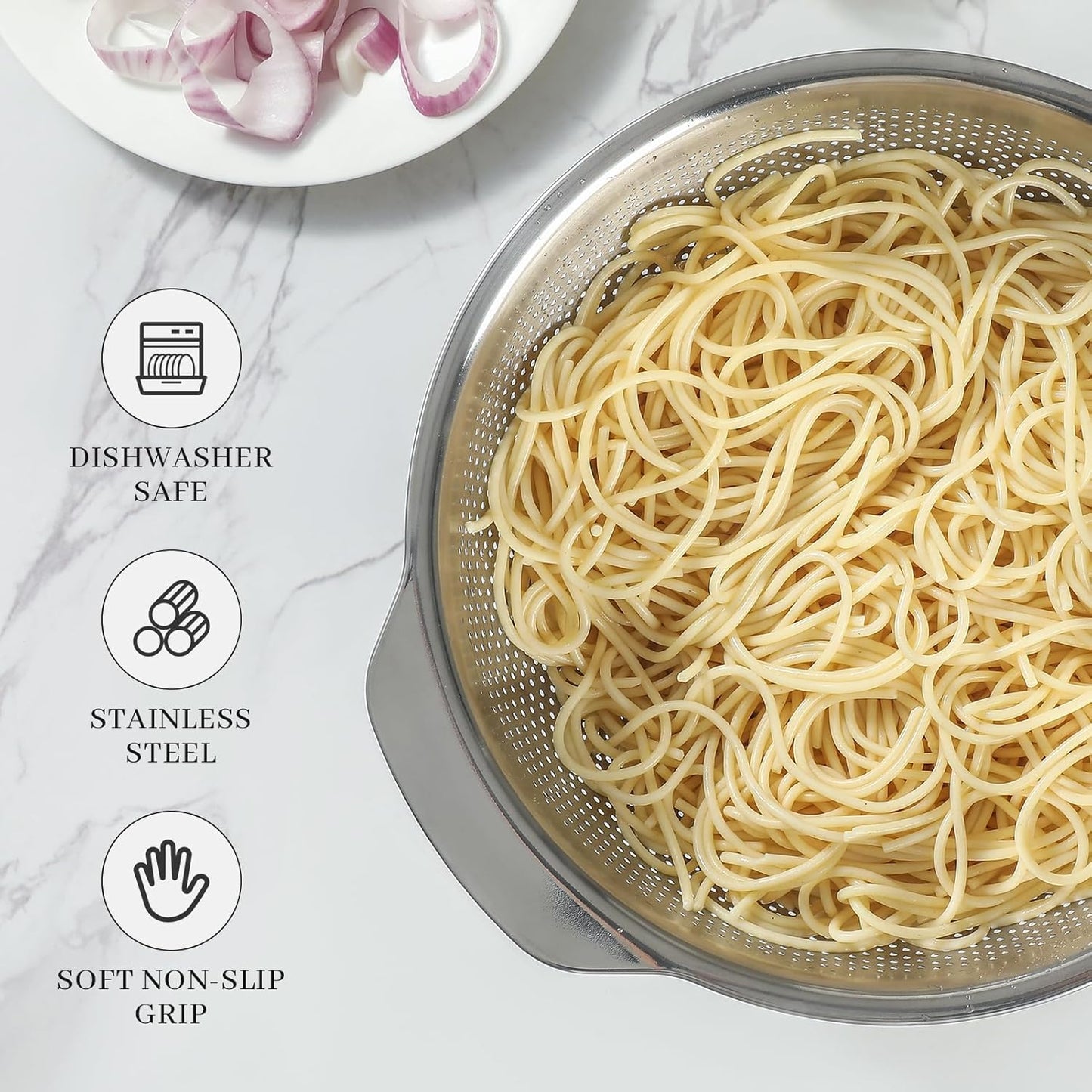 18/8 Stainless Steel Microwell Colander, 3.5QT Large Capacity with Handle Kitchen Food Strainer Basket for Washing Vegetables, Fruits, Rice, and Pasta (primary colour, 3.5QT)