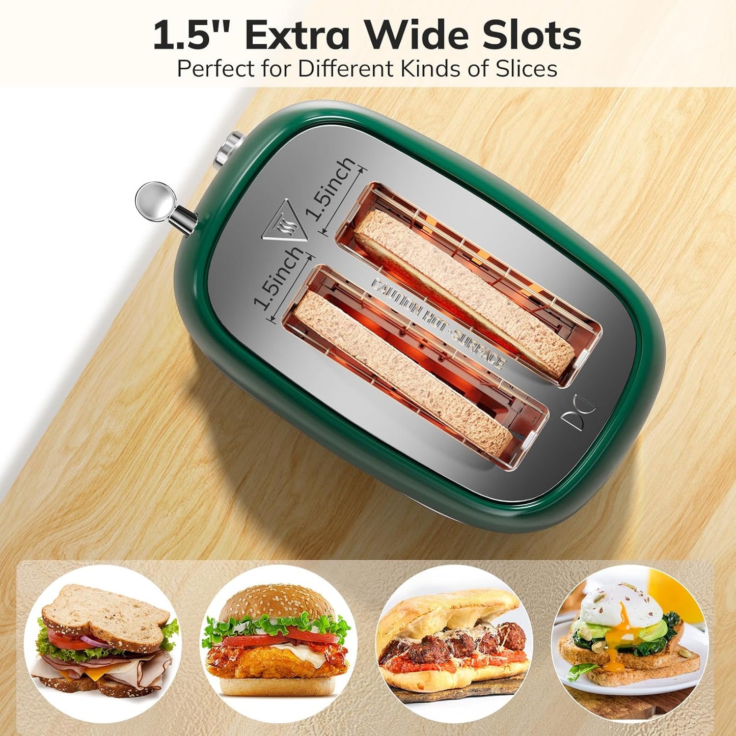 Toaster 2 Slice Stainless Steel with 6 Bread Shade Settings, Bagel, Cancel, Defrost Function, Retro 2 Slice Toaster with Extra Wide Slot, Removable Crumb Tray, dark green