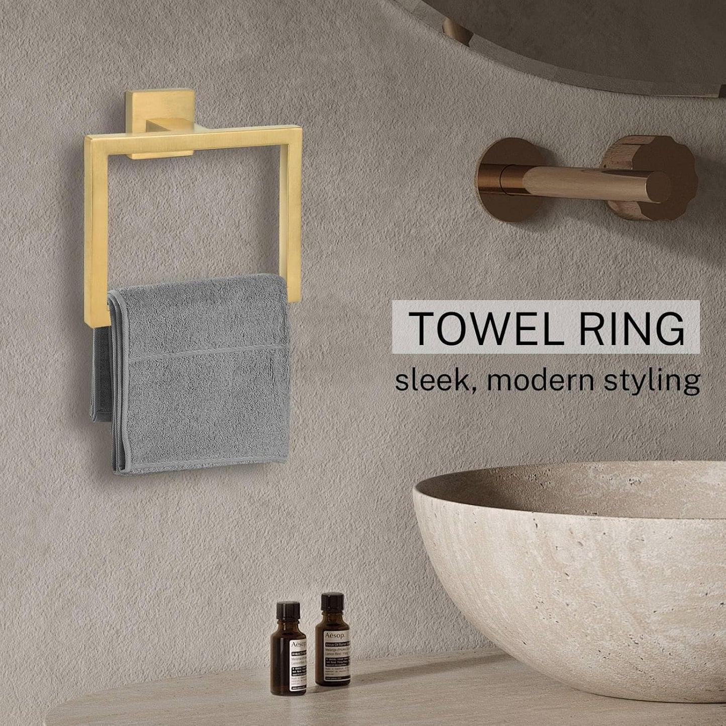Brushed Gold Towel Ring,Square Hand Towel Holder,Towel Hanger, Bathroom Hardware Accessories,SUS 304 Stainless Steel Wall-Mounted
