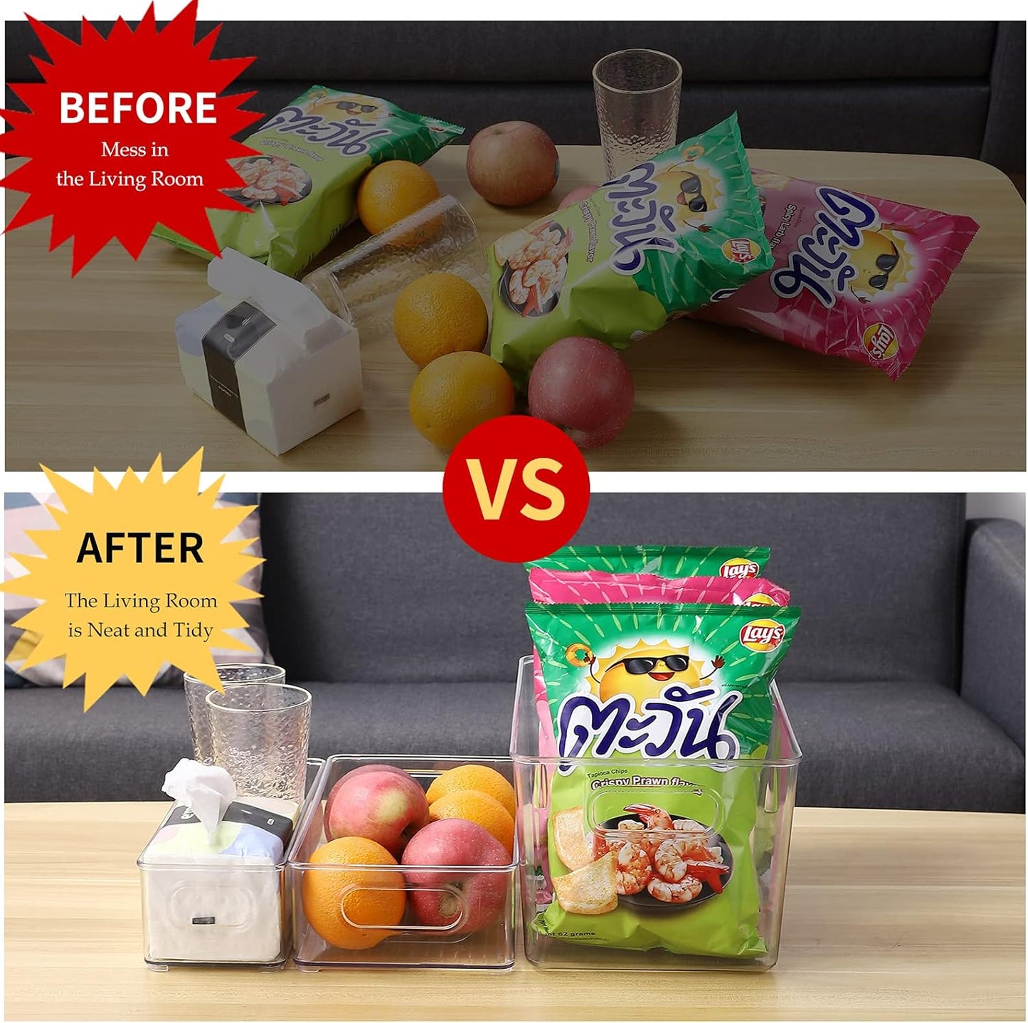 Set Of 6 Refrigerator Organizers and Storage,Stackable Large Clear Plastic Storage Bins with Handle,Freezer Organizer Bins,Perfect for Kitchen Cabinet Pantry Snack Containers,Closet Organization