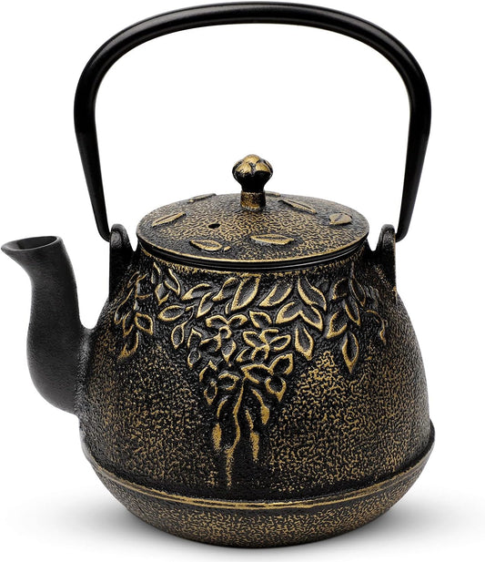 Tea Kettle, TOPTIER Japanese Cast Iron Tea Pot for Stove Top, Cast Iron Teapot Humidifier for Wood Stove, Leaf Design Tea Kettle Coated with Enameled Interior for 32 Ounce (950 ml), Black