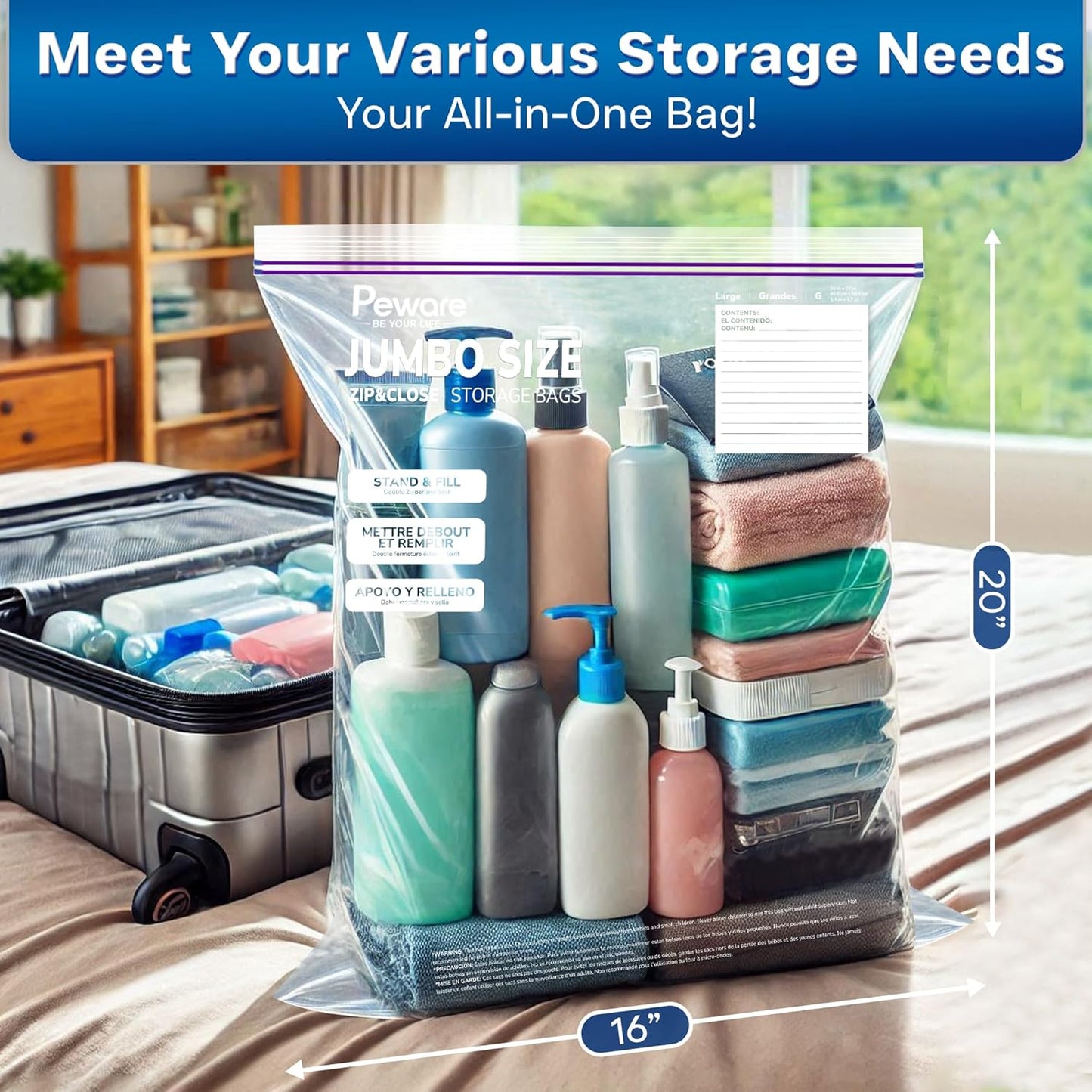 Large Storage Bags, 16"x20" Jumbo Plastic Bag, BPA Free, 3.5 Gallon XL Zipper Lock Baggies for Clothes Pillow Travel Moving - 50 Roomy Bags