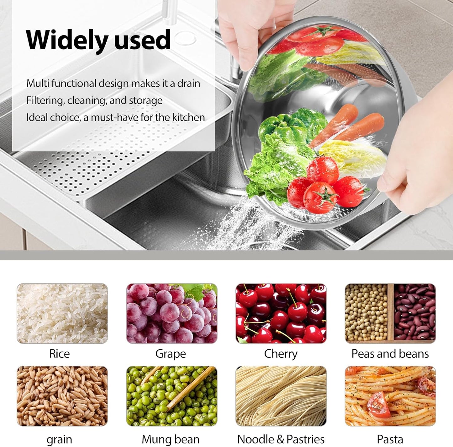 4PCS Rice Washer Strainer Bowl with Side Drainers Stainless Steel Rice Washing Bowl Multifunctional Colander for Cleaning Rinsing Fruits Vegetables Beans Silver