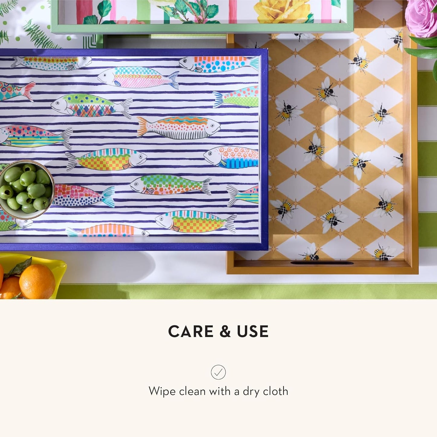 MACKENZIE-CHILDS Wooden Tray with Handles, Rectangular Tray for Serving, Queen Bee