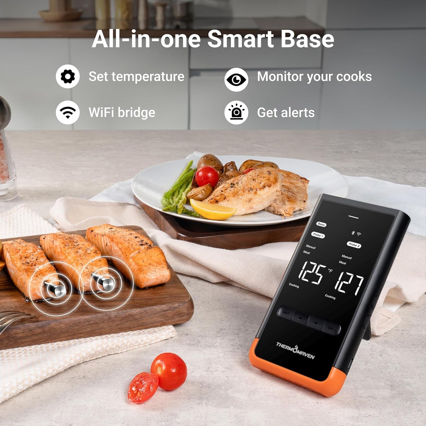 ThermoMaven Wireless Bluetooth Smart Meat Thermometer: Standalone Base, Smart WiFi Thermometer with Sub-1G, 6 Sensors NIST Certified Accuracy, 2 Probes, for BBQ, Grill, Oven, Smoker, Rotisserie