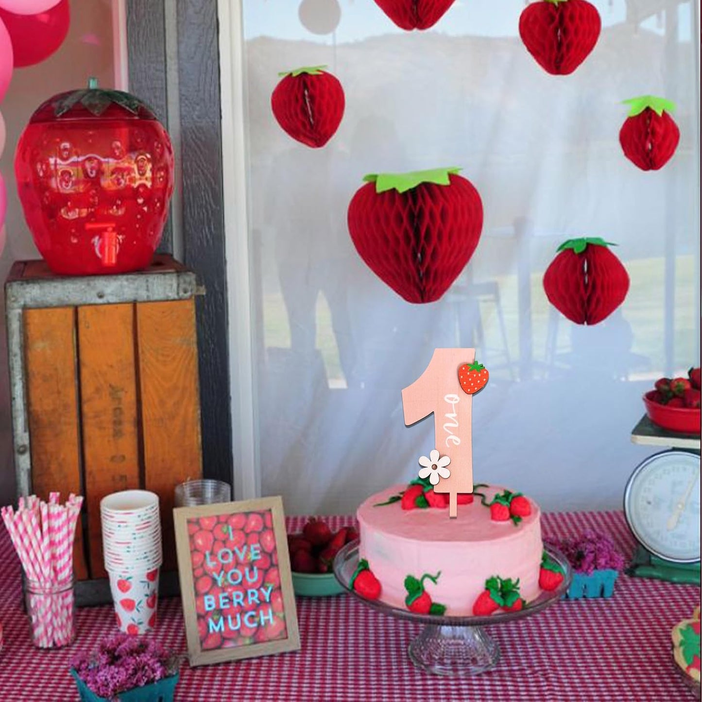 Strawberry One Cake Topper - Flower Wooden Cake Topper, Berry First Birthday Cake Decoration for Baby Shower, Birthday Party, Anniversary, Baby Photo Booth Props, Cake Smash...