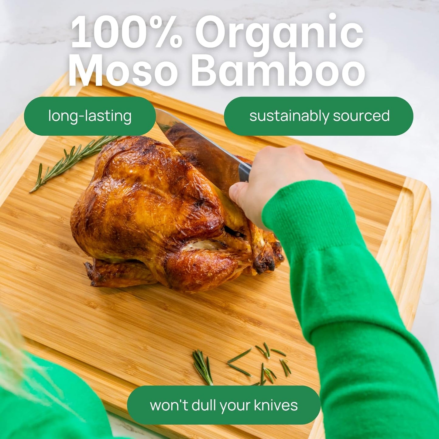 GREENER CHEF 20 Inch Extra Large Bamboo Cutting Board with Lifetime Replacement - Wooden Butcher Block for Kitchen, Carving Meat, Vegetables, and Charcuterie with Deep Juice Groove