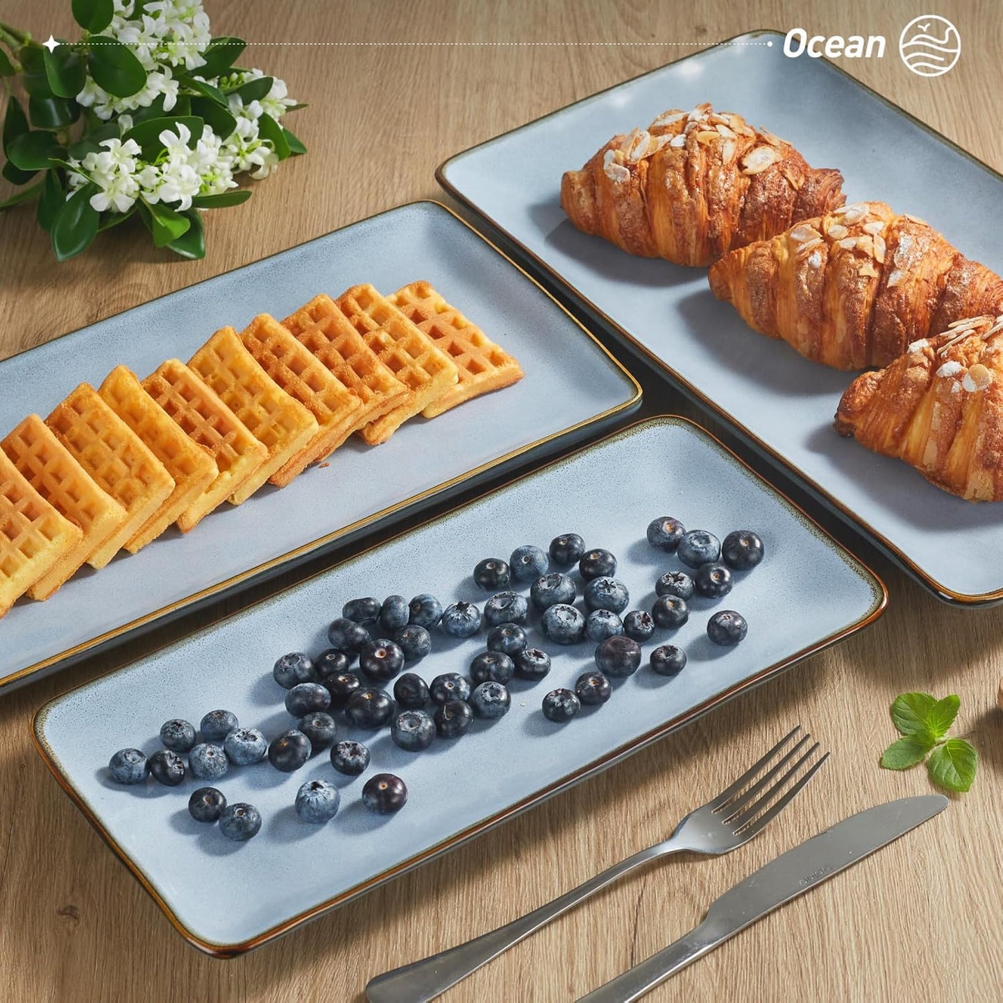 famiware Serving Platter, Rectangular 15.67/14.1/12.6inch Serving Dishes for Entertaining, Reactive Glaze, Stoneware Serving Trays for Party, Food, Turkey, Snack, Cheese, Ocean Series, Blue