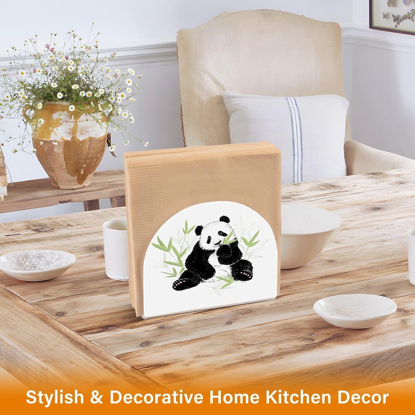 Cute Panda Eating Bamboo Napkin Holder for Table Paper Napkins Holder Acrylic Tissue Dispenser Kitchen Dining Room Bathroom Party Car Decor