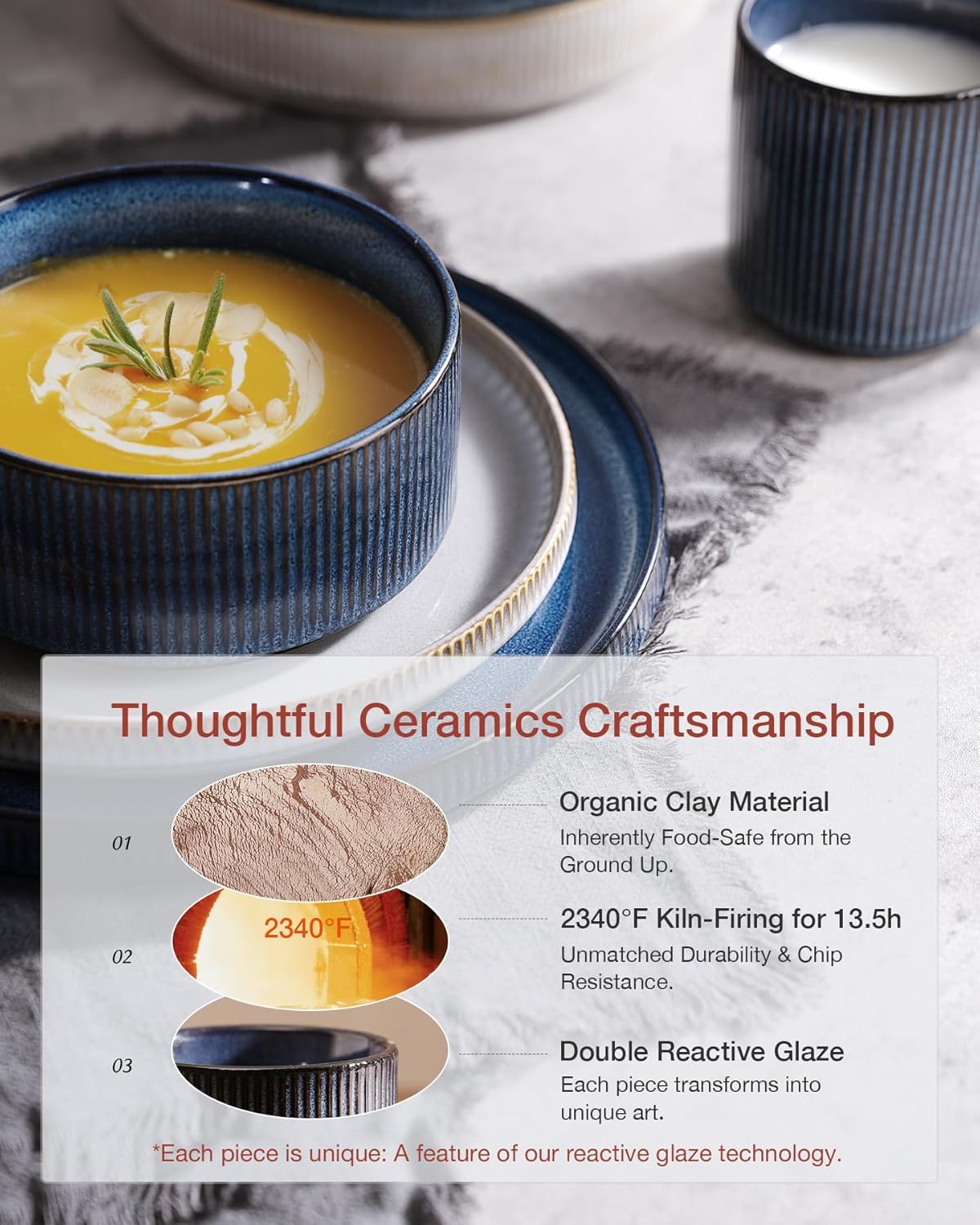 Famiware Star Dinnerware Set, Plates and Bowls Sets for 4 (12pcs), Ribbed Stoneware Dishes - Chip & Scratch Resistant, Microwave & Dishwasher Safe, Multicolor - Cappuccino White & Nebulas Blue