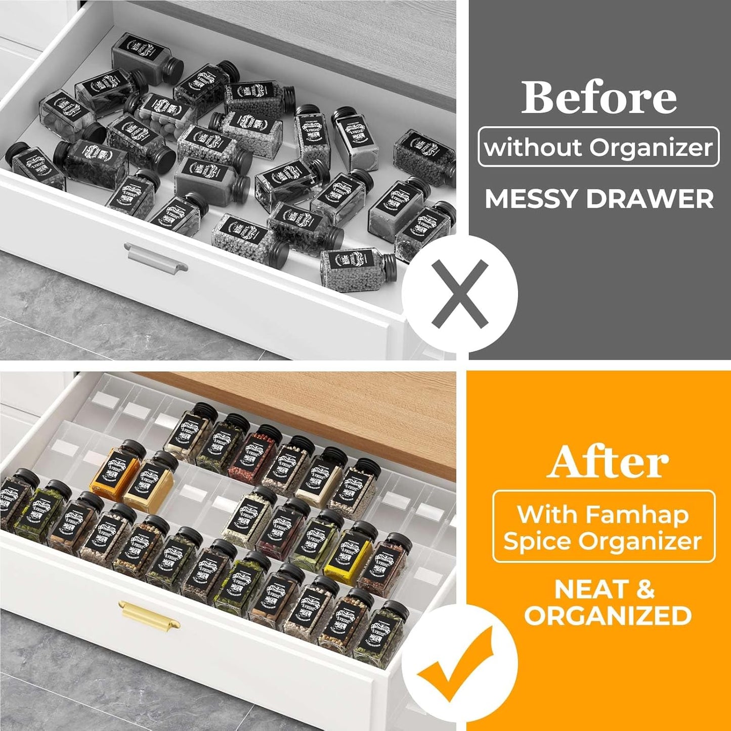 Famhap Spice Drawer Organizer, 48PCS Interlocking Expandable Seasoning Rack Tray Insert for Kitchen Drawers, Spice Rack Drawer for Spice Jars