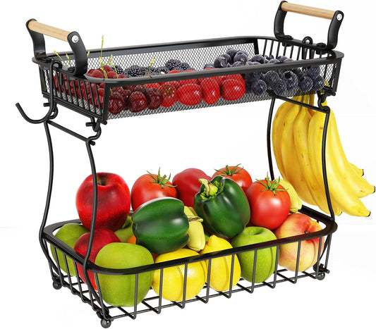 ANTOPY 2 Tier Fruit Basket with 2 Banana Hangers, Countertop Fruit Vegetable Basket Bowl for Kitchen Counter Metal Mesh Basket Fruits Stand Produce Holder Organizer for Onion Potato Bread Snack Veggie