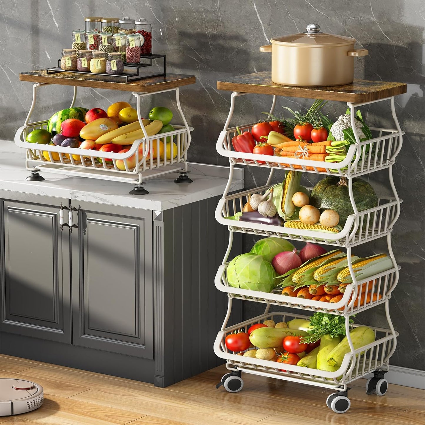 SAYZH Fruit Basket for Kitchen with Wood Top 5 Tier, Stackable Fruit and Vegetable Storage Cart, Wire Storage Basket with Wheels, Vegetable Basket Bins Rack for Onions and Potatoes, White