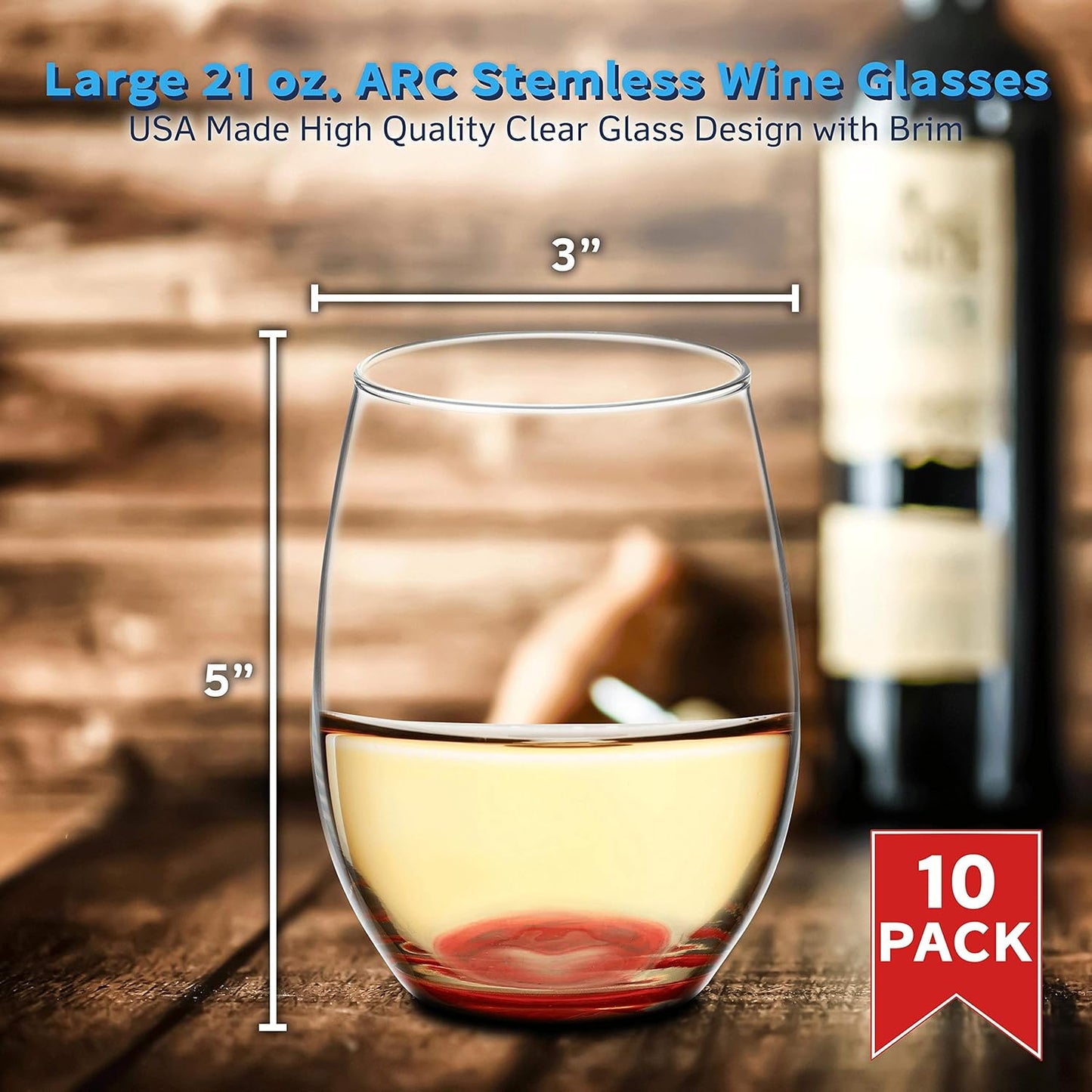 DISCOUNT PROMOS 10 ARC Stemless Wine Glasses Set, 21 oz. - Chardonnay, Cabernet, Merlot, Sauvignon - Red