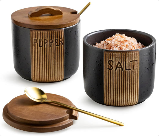 Salt and Pepper Bowl, Ceramic Salt Containers for Countertop, Salt and Pepper Cellar with Lid and Spoons, Black