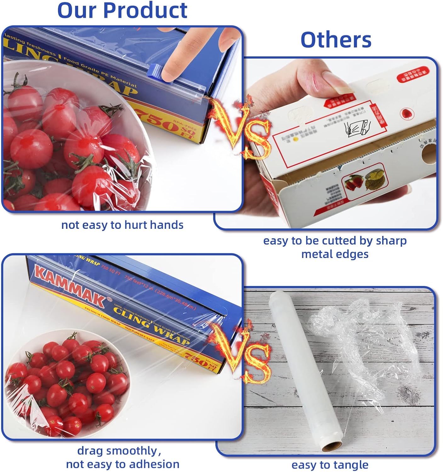 KAMMAK Plastic Food Wrap with Slide Cutter Kitchen Cling Wrap 12 inch Professional BPA Free Polyethylene Materials Quick Cut 750 Ft Food Service Cling Film Wrap for Restaurant