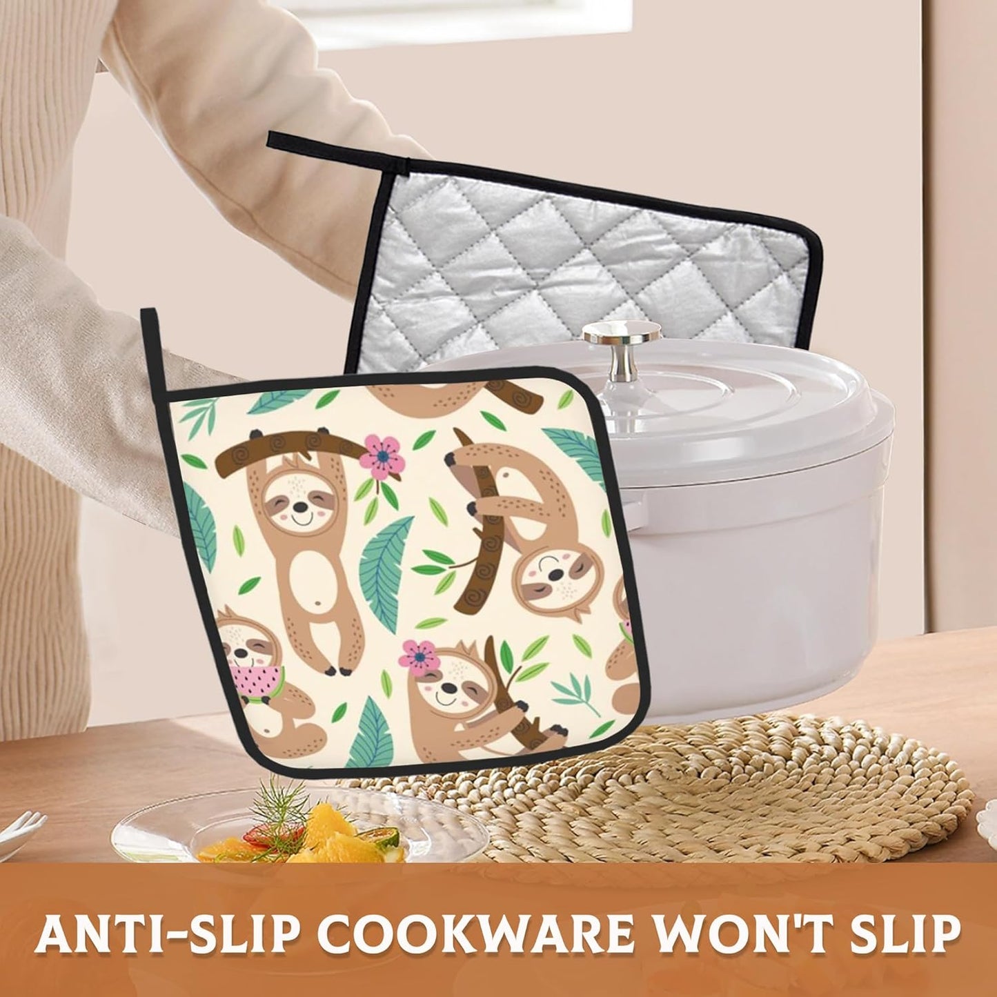 Cute Sloth Pot Holders Set of 2, Kitchen Heat Resistant Potholder for Microwave Cooking Baking Oven End Dishes and BBQ