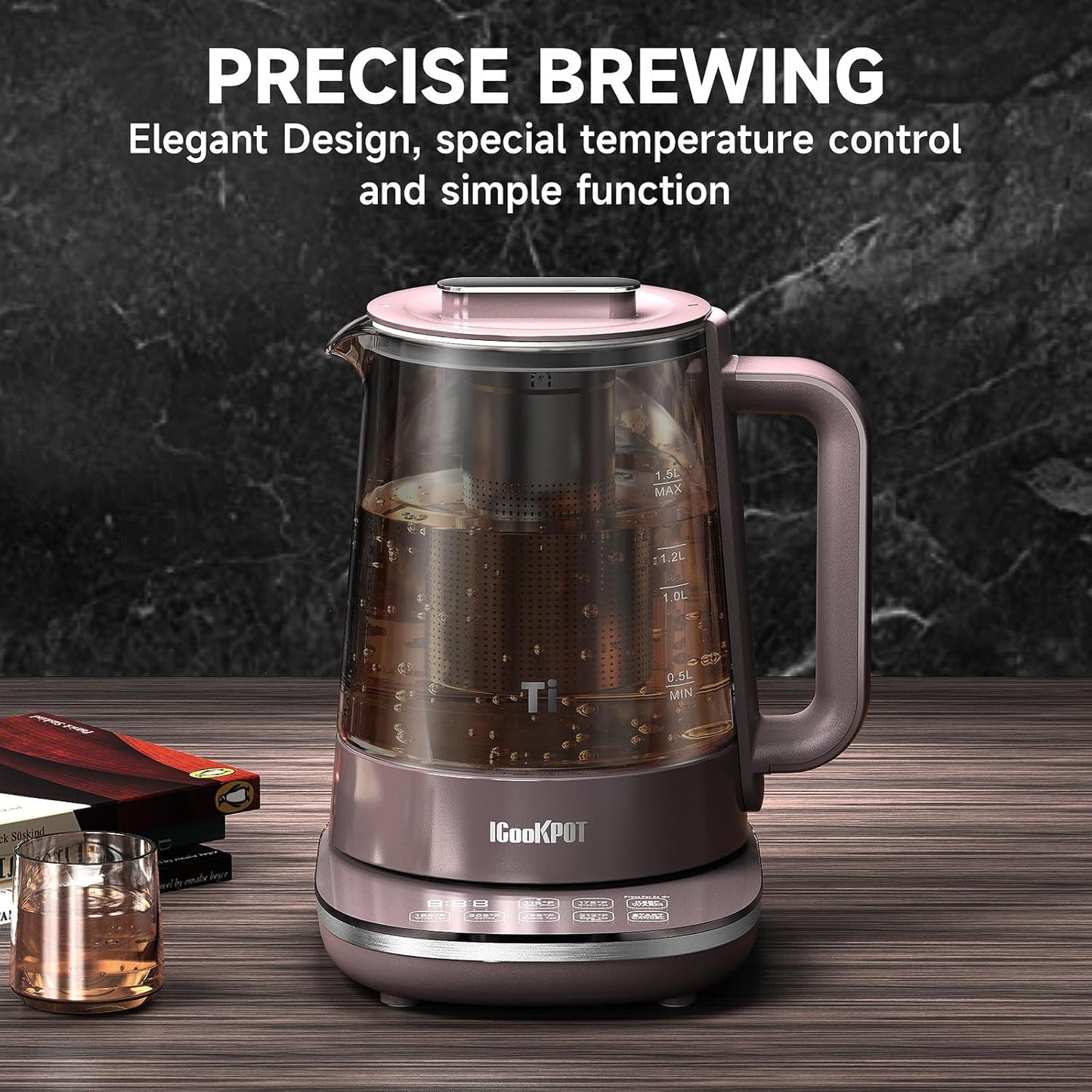 Titanium Hot Tea Maker Glass Electric Kettle with Infuser and Temperature Control,1.5L Tea Maker & 1500W Rapid Boiling,Programmable Control for your Favorite Teas and Coffee-Brown