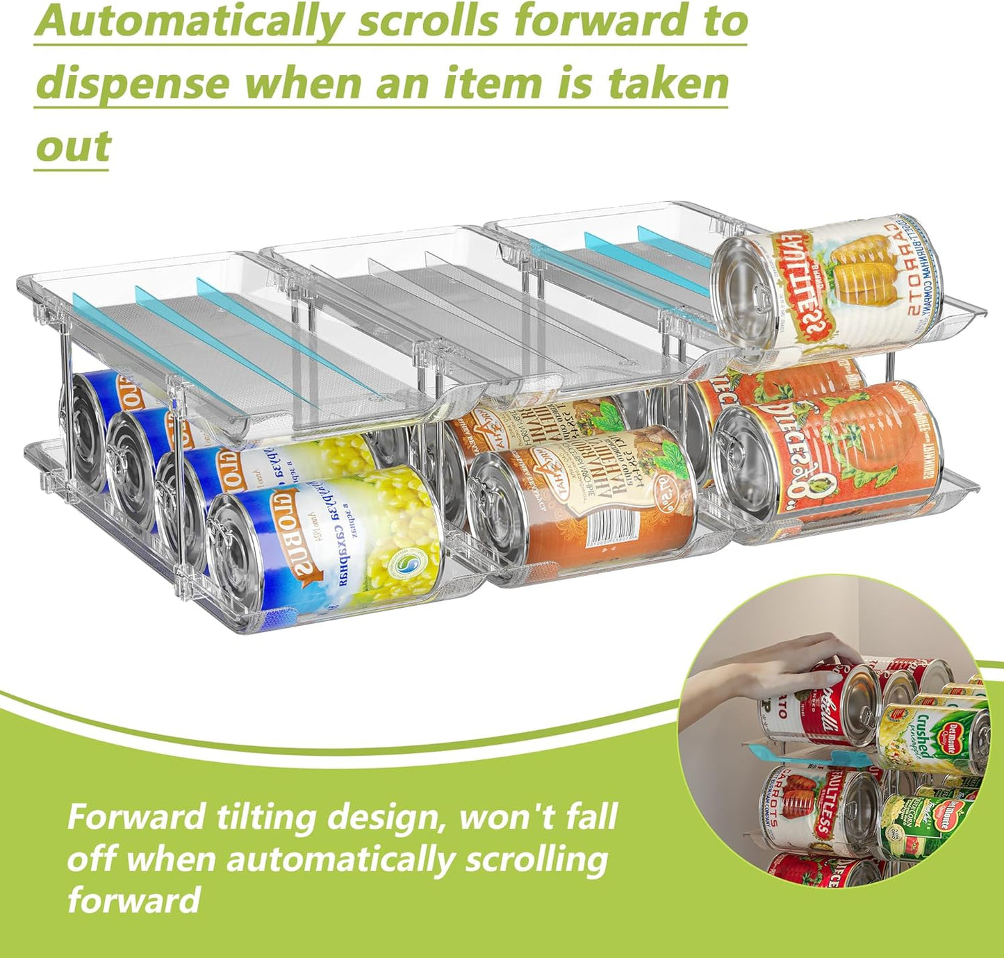 Can Organizer for Pantry Soda Can Organizer Automatic Rolling Food Pantry Storage Rack Can Dispenser for Fridge Holds 72 Cans, Fits 5.8-Inch Soda and Can, Set of 18