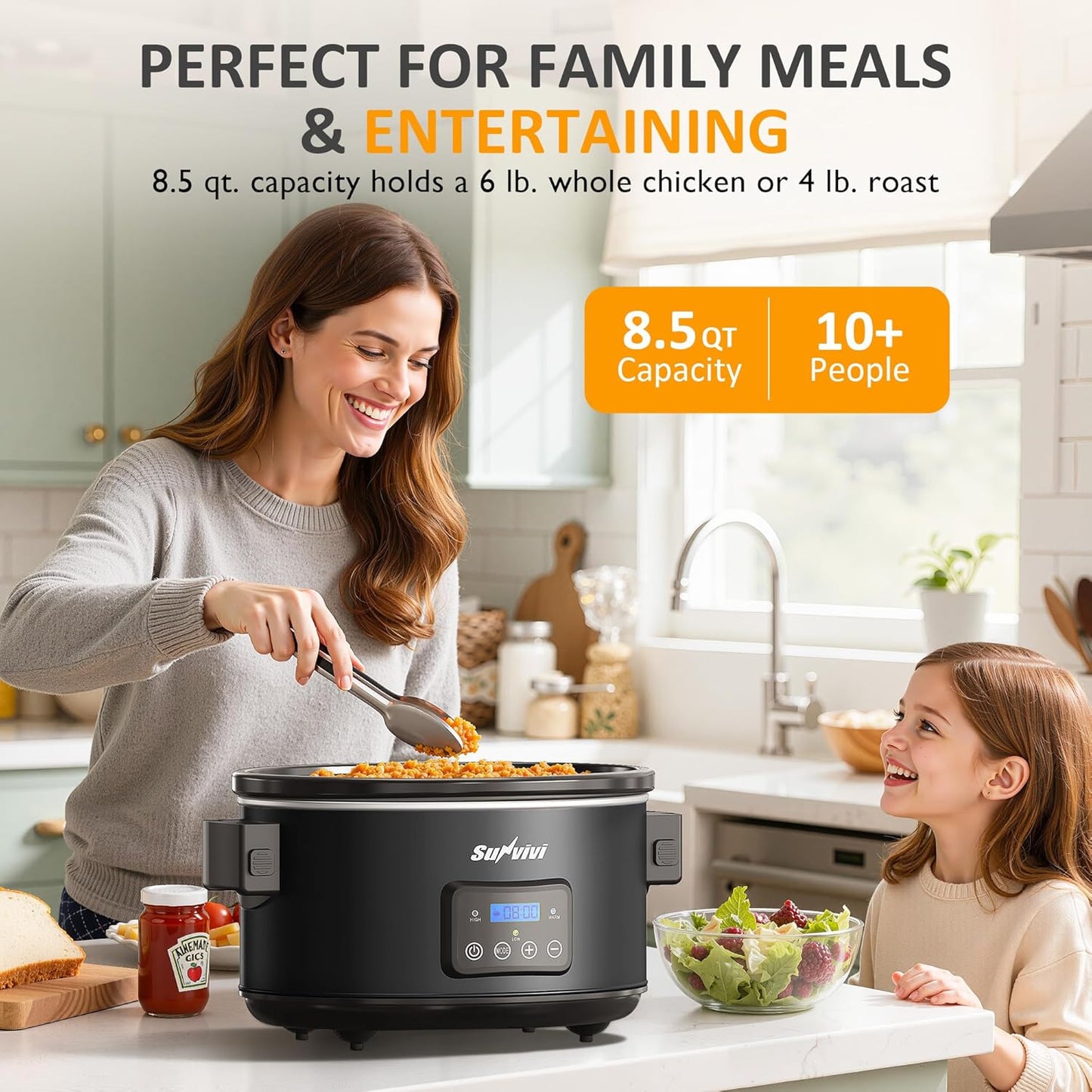 Sunvivi 8.5 Quart Programmable Slow Cooker: Multi-Cooker Food Warmer with Locking Lid & Digital Timer, Adjustable Tempature Control, Dishwasher Safe, Perfect for Families and Gatherings, Black