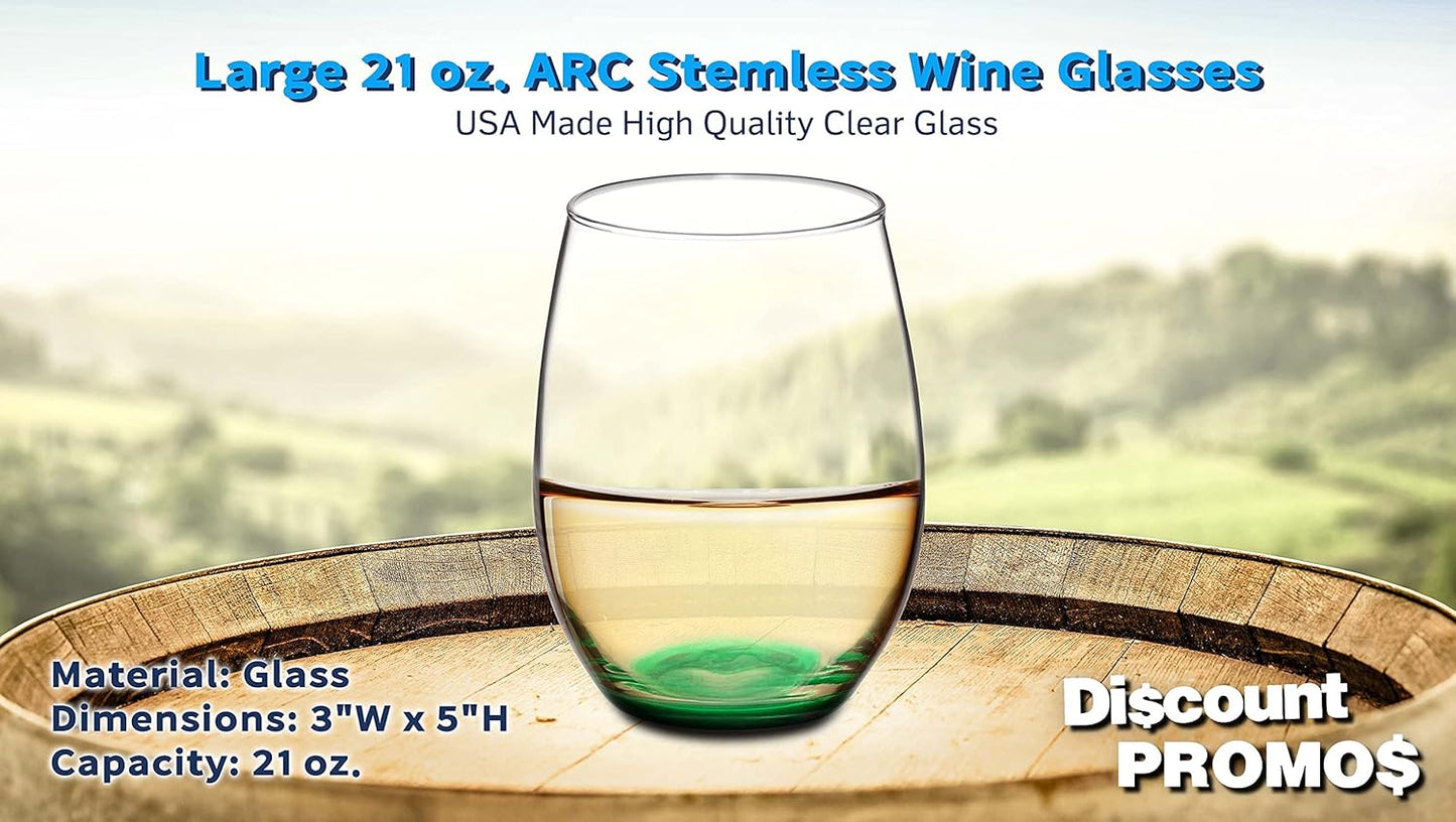DISCOUNT PROMOS 10 ARC Stemless Wine Glasses Set, 21 oz. - Chardonnay, Cabernet, Merlot, Sauvignon - Green
