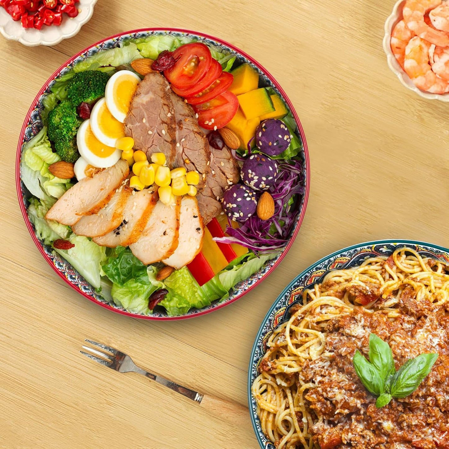 Large Serving Bowls, 75 Oz Fruit Salad Bowls, Bohemian Style Large Porcelain Dishes for Entertaining Parties,Big Bowls for Eating Soup, Salad, Pasta, Fruit, Chips, 10.3 Inch Diameter (red)