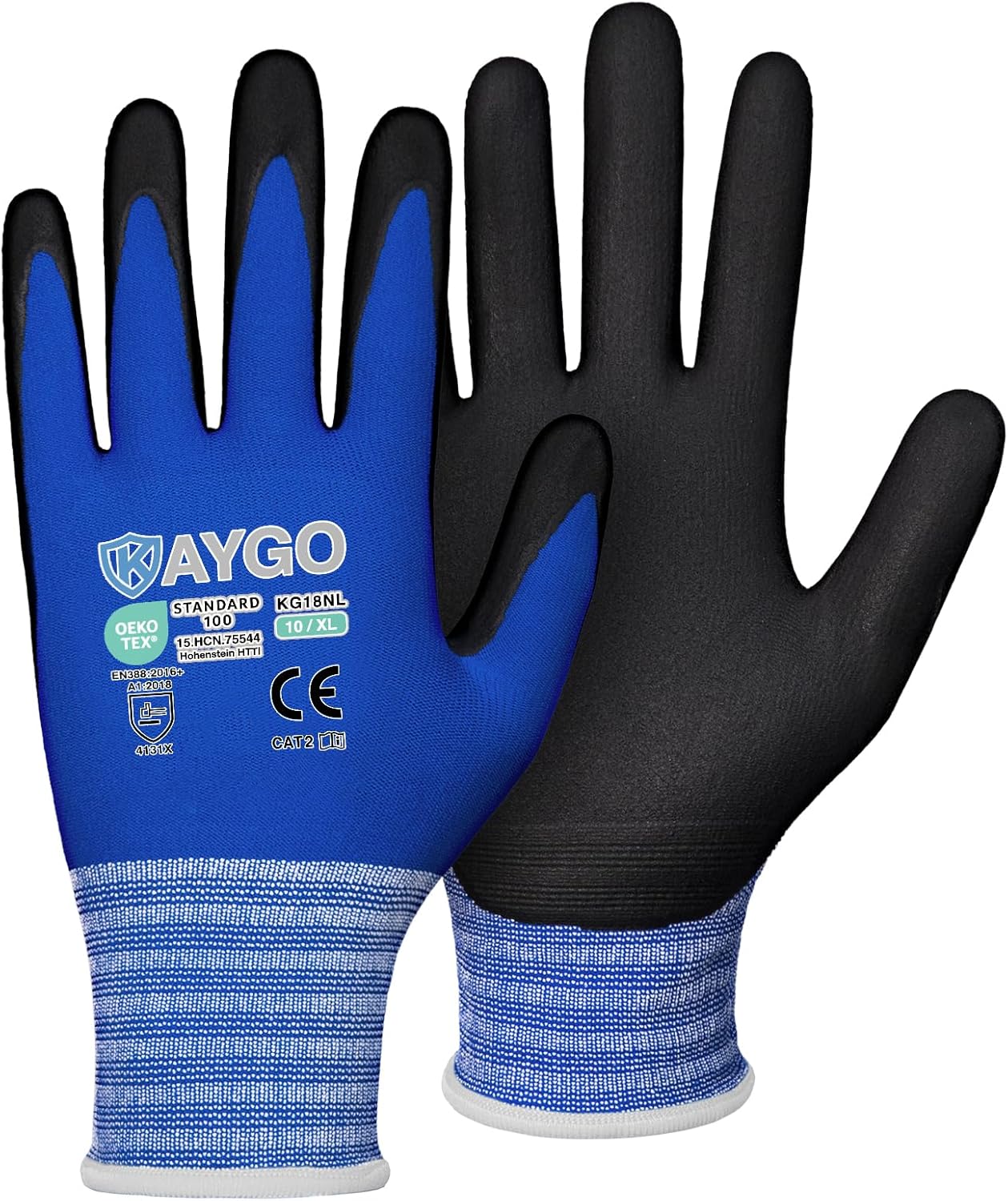 KAYGO Safety Work Gloves MicroFoam Nitrile Coated, 3 Pairs, KG18NB,Seamless Knit Nylon Glove with Black Micro-Foam Nitrile Grip,Ideal for General Purpose,Automotive,Home Improvement,Blue, XL