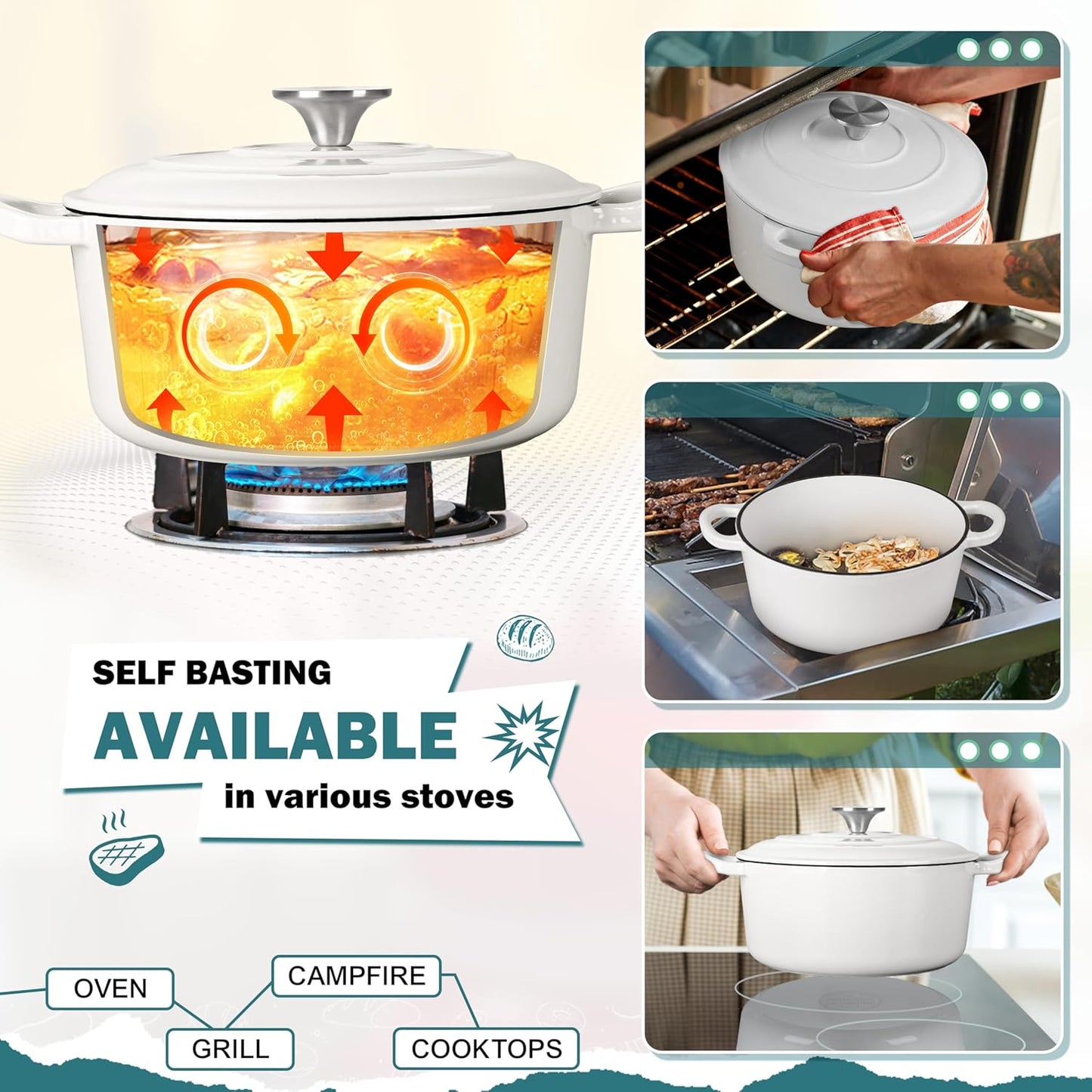 Small 3 Quart Dutch Oven, HaSteeL Round Cast Iron Cooking Pot with Lid, Nonstick Enameled Cookware for Sourdough Bread Baking Roasting Stewing Braising Frying, Heavy Duty & Oven Safe 500℉, White